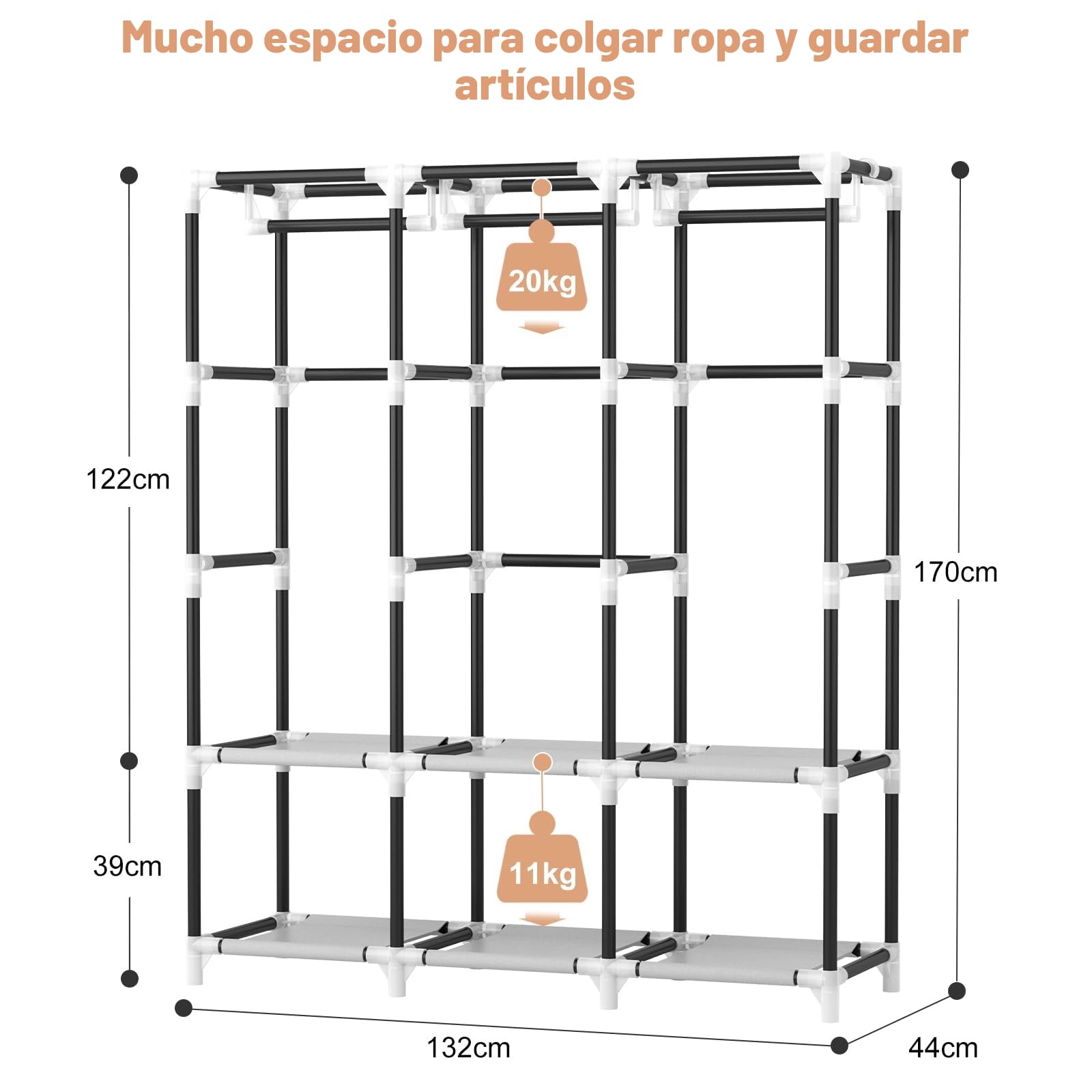 Vicye Armario de Ropa, Armario de Tela, armarios con Tapa, 3 Barras para Colgar, 6 estantes de Almacenamiento y Bolsillos Laterales, Tubo de Metal de 19 mm de diámetro, para Dormitorio, Blanco