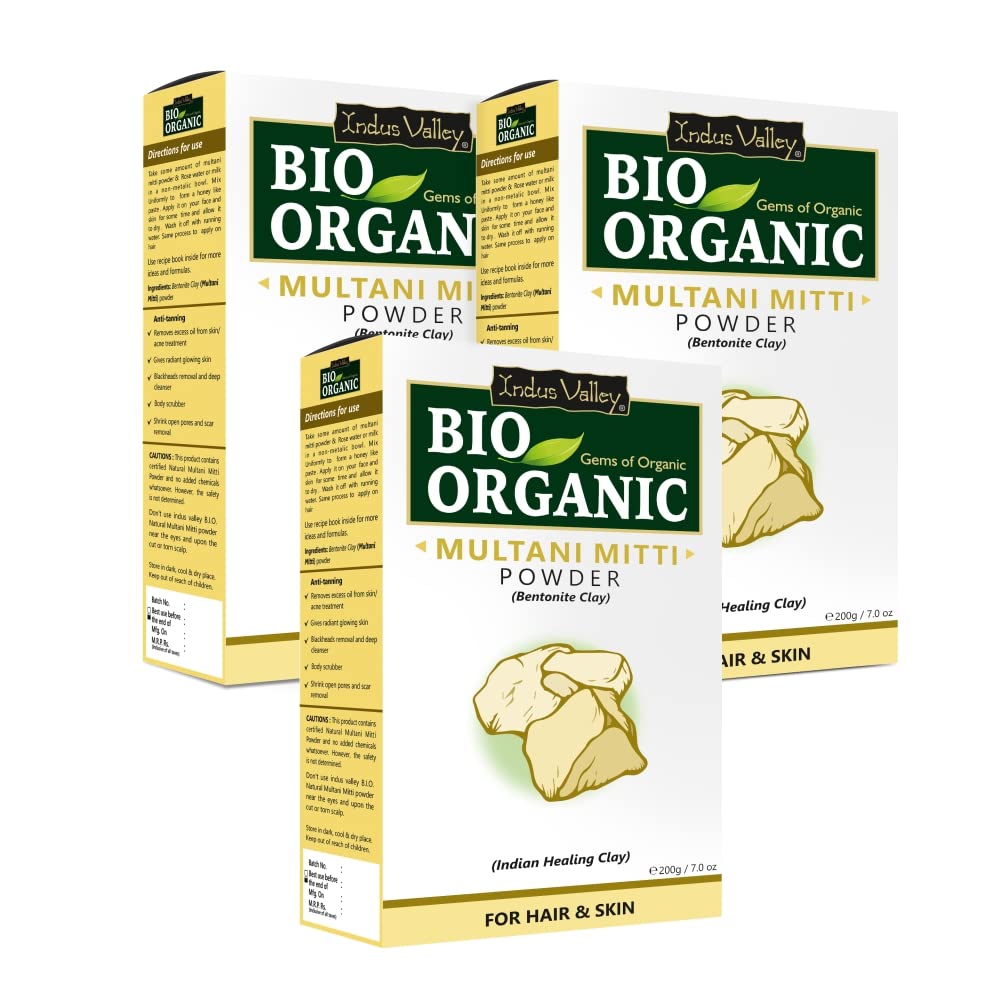 INDUS VALLEY BIO Organic Multani Mitti Powder | Healing Clay | Bentonite clay - (200g *3=600g)