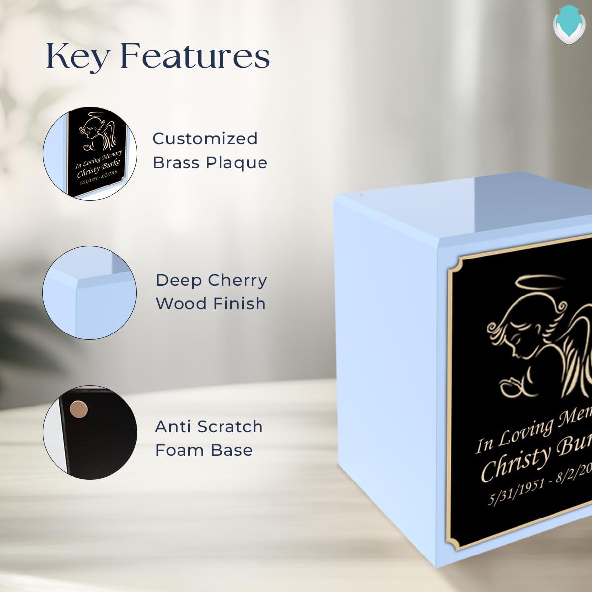 GetUrns Custom Angel Small Urn Box for Human Ashes I Personalized Wooden Keepsake Cremation Urn for Male or Female I Light Blue Memorial Box I 40lbs