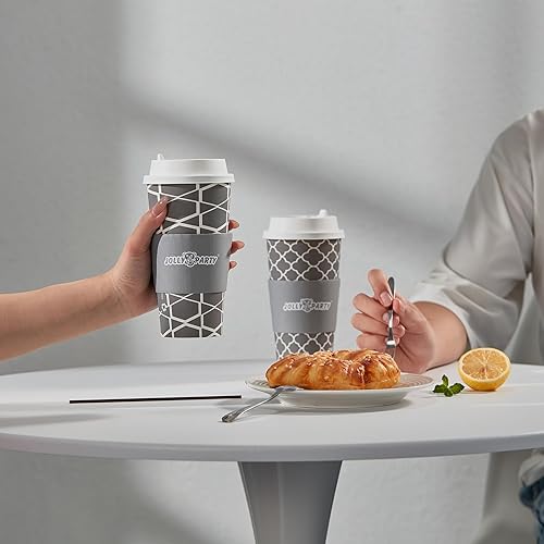Miniatura 28 de JOLLY PARTY [100 juegos] Tazas de café de papel de 12 onzas, tazas de café desechables con tapas, fundas y pajitas, taza para beber bebidas frías
