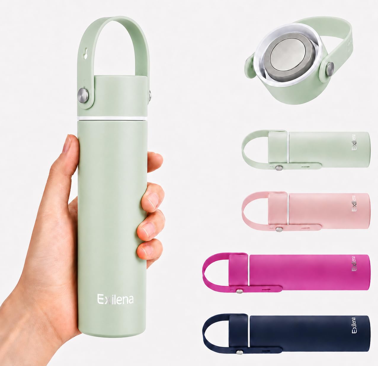 Exllena 300ml Small Water Bottle with Adjustable Silicone Handle Made of 100% Stainless Steel (Body + Lid), Mini Metal Water Bottle for Handbag, Leakproof (Mint chill)