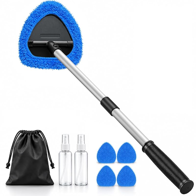 Kit de limpeza de para-brisa com cabo extralongo de 64,8 cm, cabeça flexível de 180° e pads de veludo coral FurnisHIQ, 5 pads, 2 frascos e bolsa