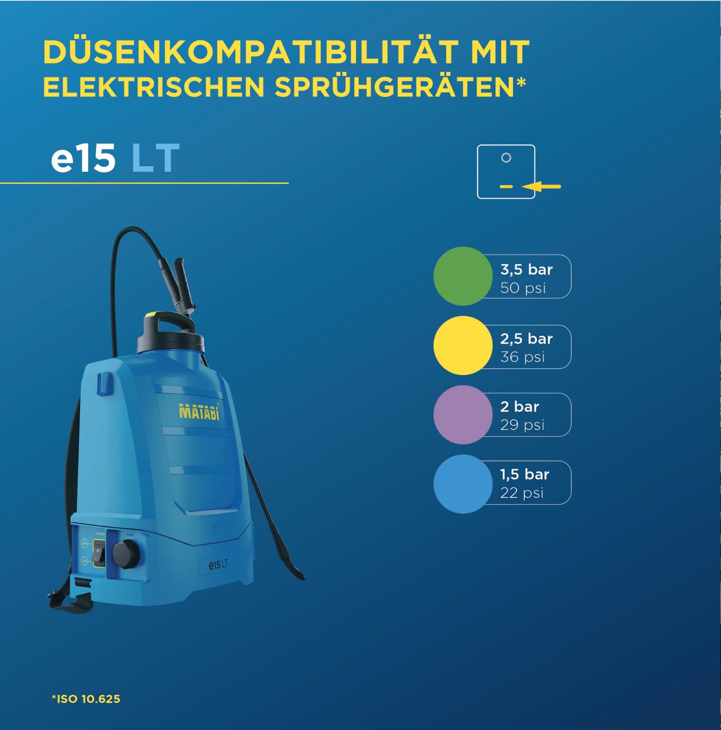 Matabi e15LT Akku Drucksprüher 15 l - 12V Lithium-Akku | 2 Düsen - Akku-Spritze, Schnellladung - Bis 150 l Autonomie - Für Gemüsegärten, Gärten und als Rückenspritze