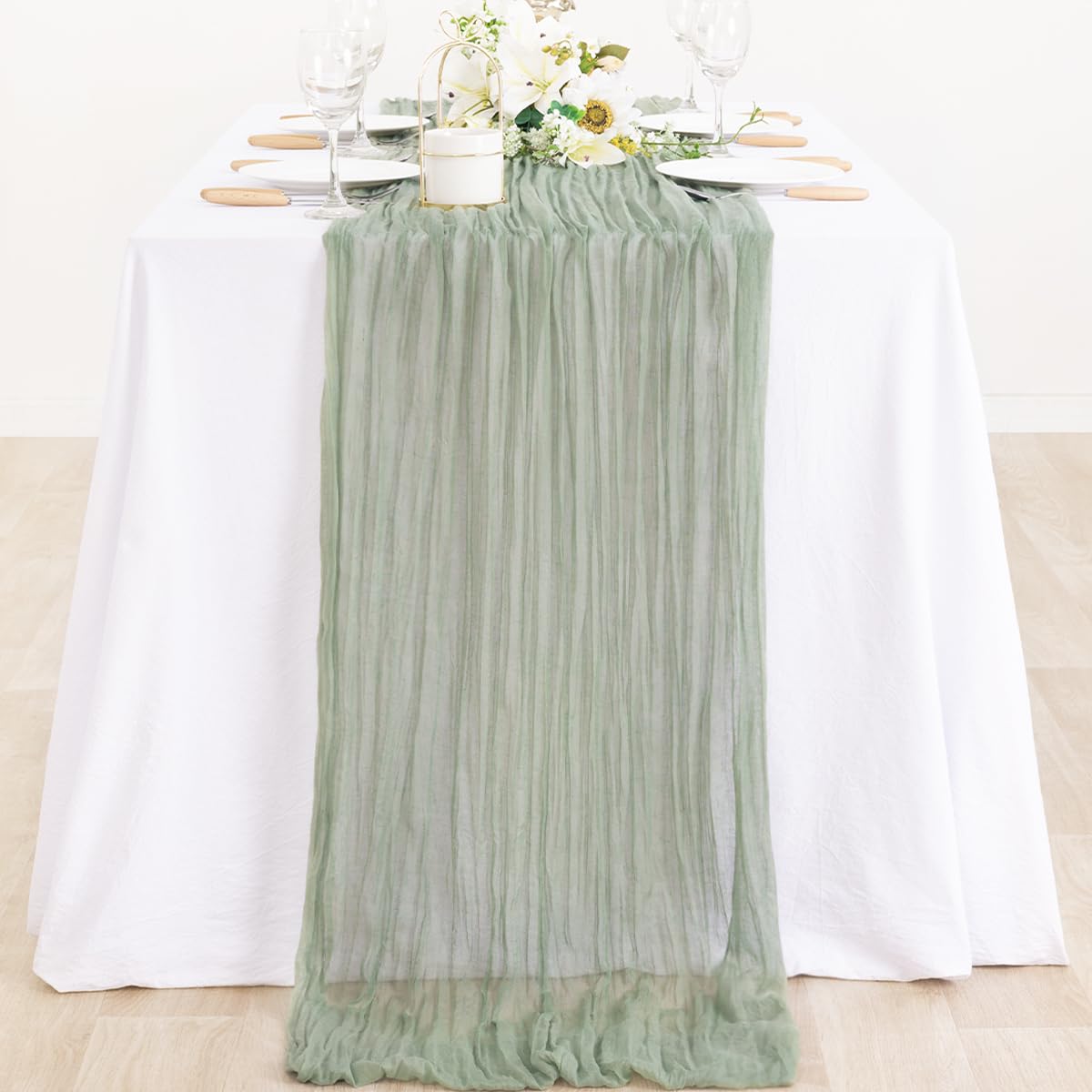 Sage Green Cheesecloth Table Runner 10ft Rustic Wrinkled Gauze Easter Table Runner 35x120 Inches for Spring Baby Shower Decor