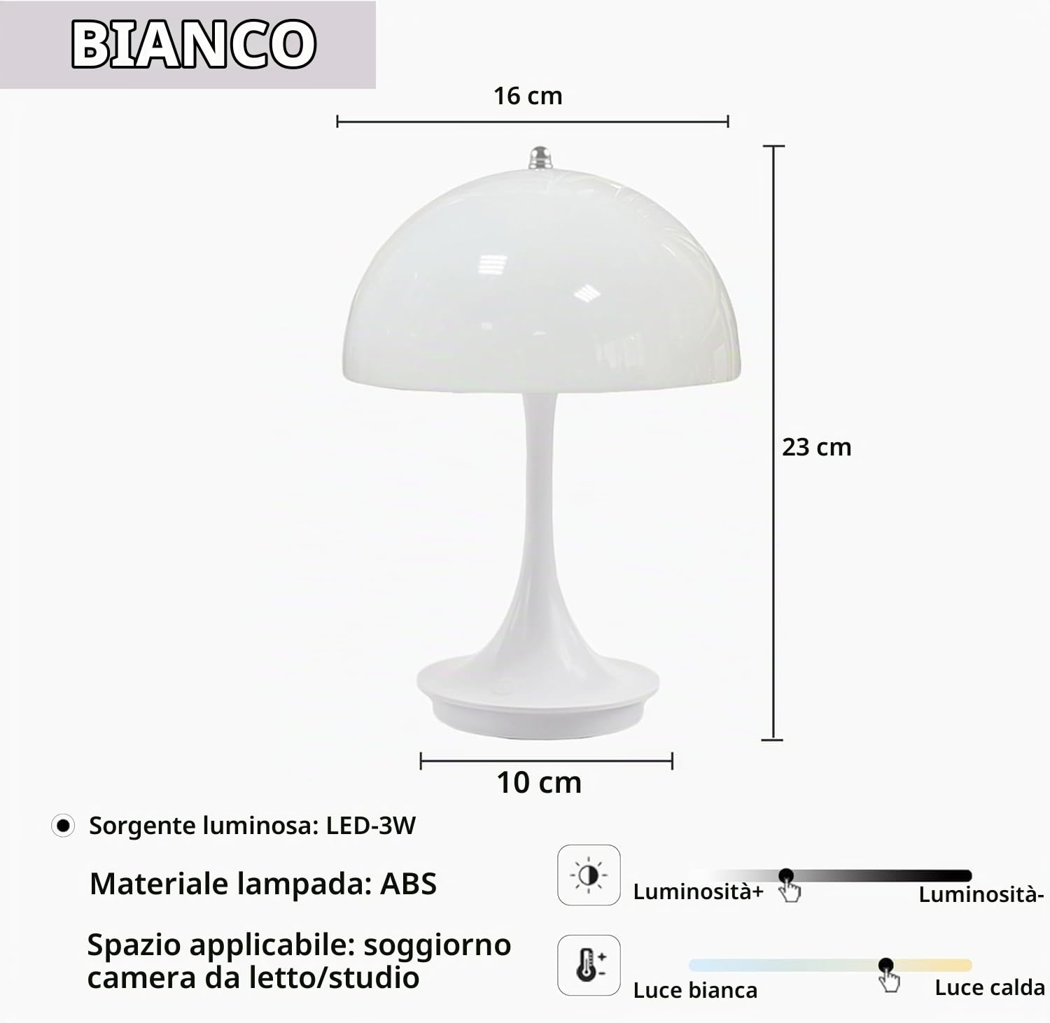Lampada da tavolo a LED Senza fili Batteria Fungo Lampada da tavolo con Touch Dimmerabile Lampada da comodino Ricaricabile USB Lampada a fungo Moderna 3000K-6000K Luce da Scrivania a LED,Bianca
