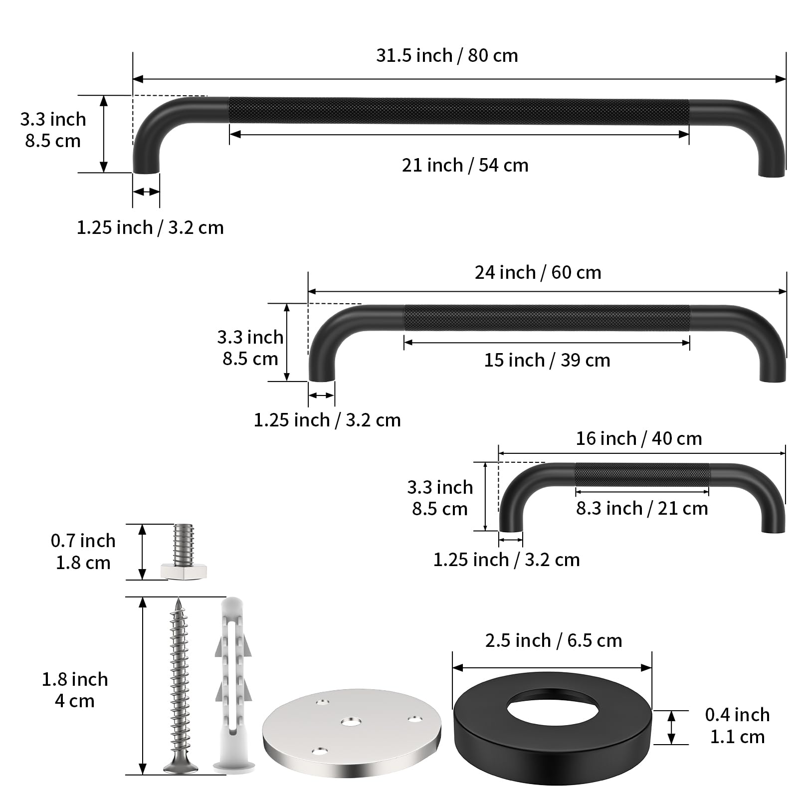 Munzong - Confezione da 3 barre antiscivolo da bagno, 40,6 cm, 61 cm, 81,3 cm, barra di bilanciamento di sicurezza nera, corrimano in acciaio inox per persone anziane