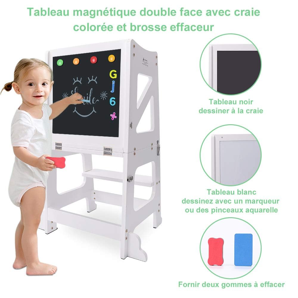 YOLEO Tour d'apprentissage 3 en 1, Pliable, Tour d'observation pour Enfants Montessori Learning Bois Naturel Kitchen Helper avec Tableau Noir et Blanc,Table et Chaise pour Enfant (Blanc)
