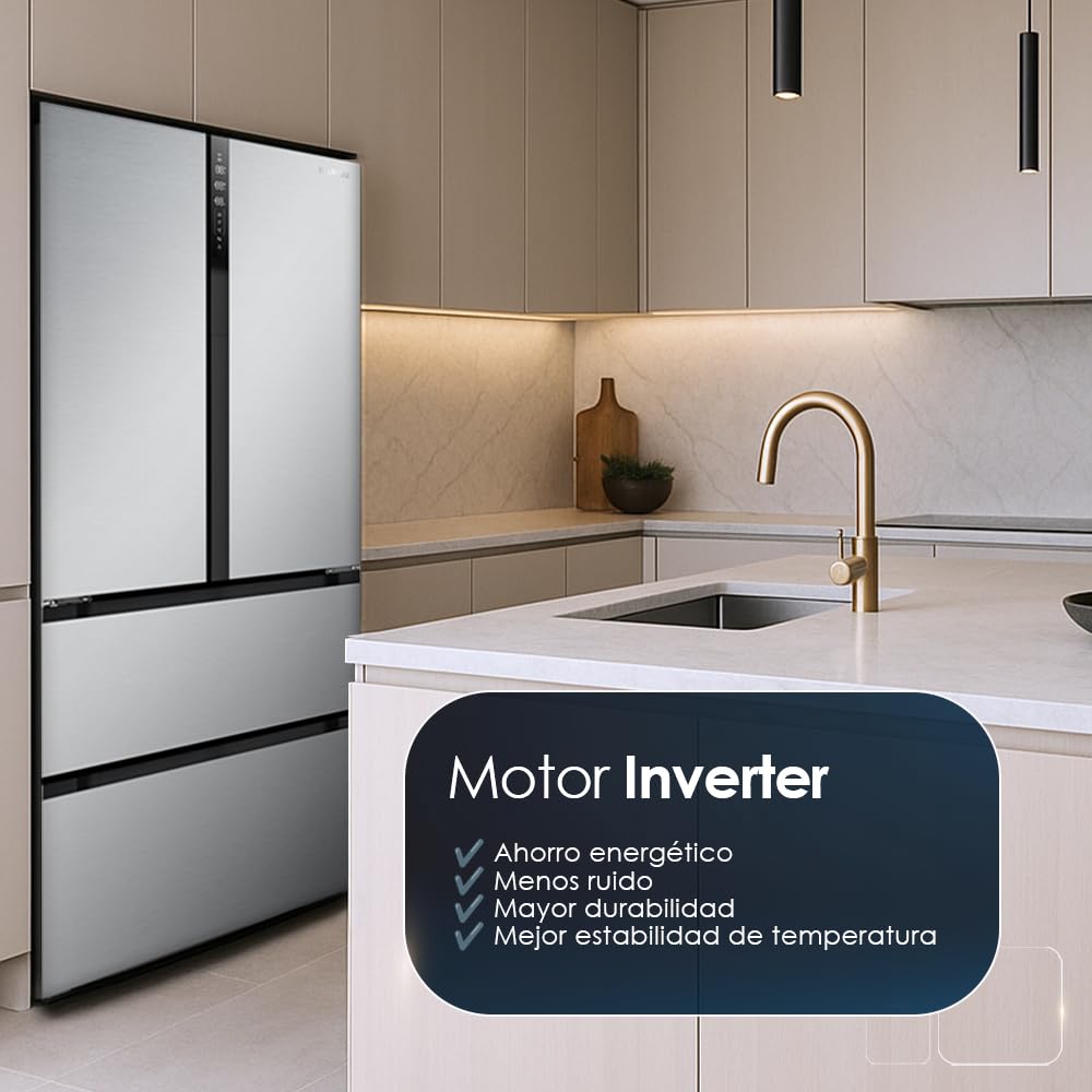 HYUNDAI Frigorífico French Door Inox, 4 Puertas HFR18383NDDI00, Capacidad 436 Litros, No Frost, Inverter, 38 dB, Puerta Francesa, Apertura Uñero, Clasificación Energética E