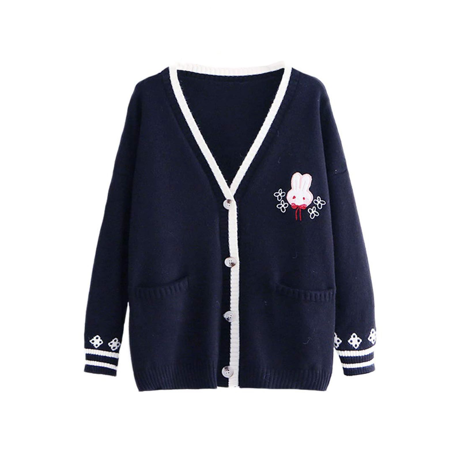 Cute Knitted Vest Teen Girls Kawaii Bunny Embroidery Long Sleeve Sweater With Pockets V Neck Knitwear