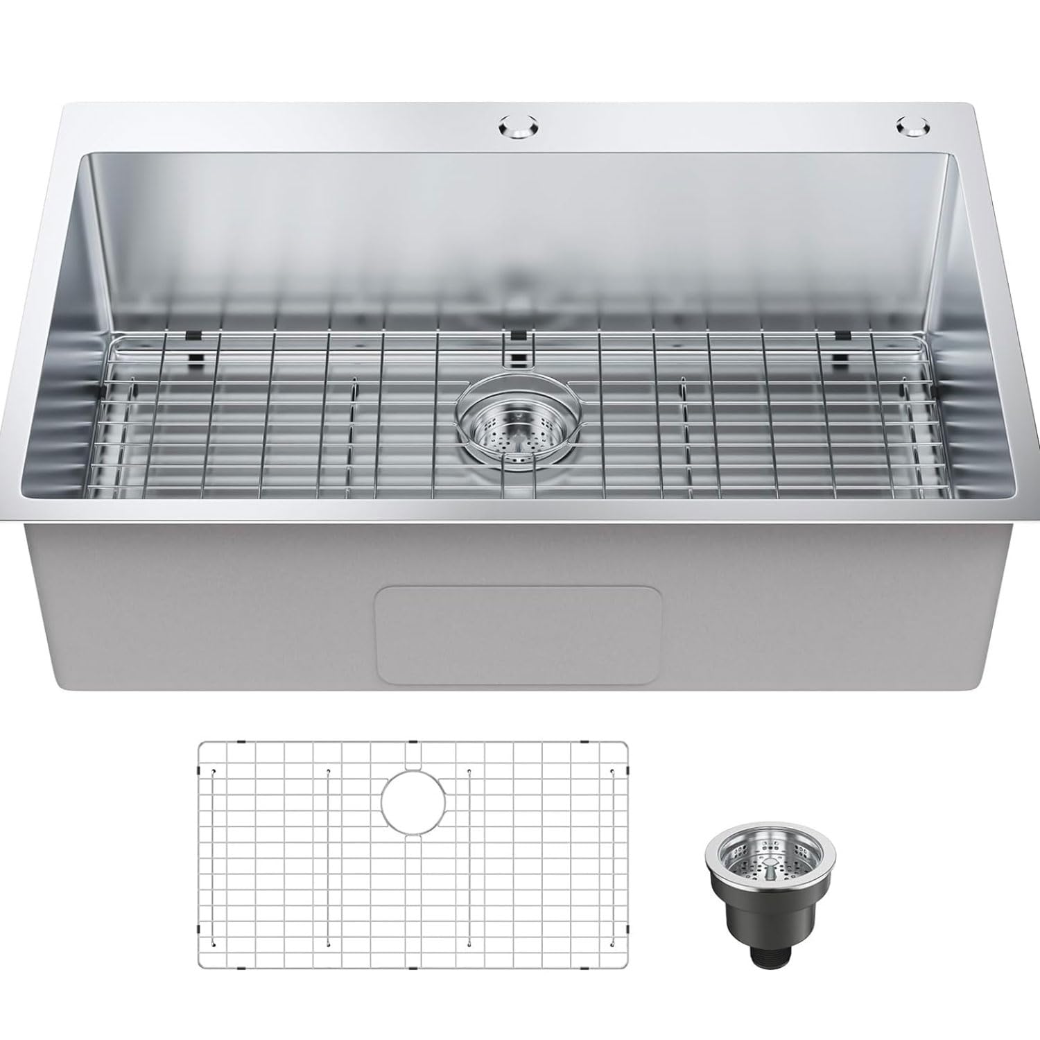 Évier de cuisine anti-bouchage en acier inoxydable 304 avec grille de fond carrée