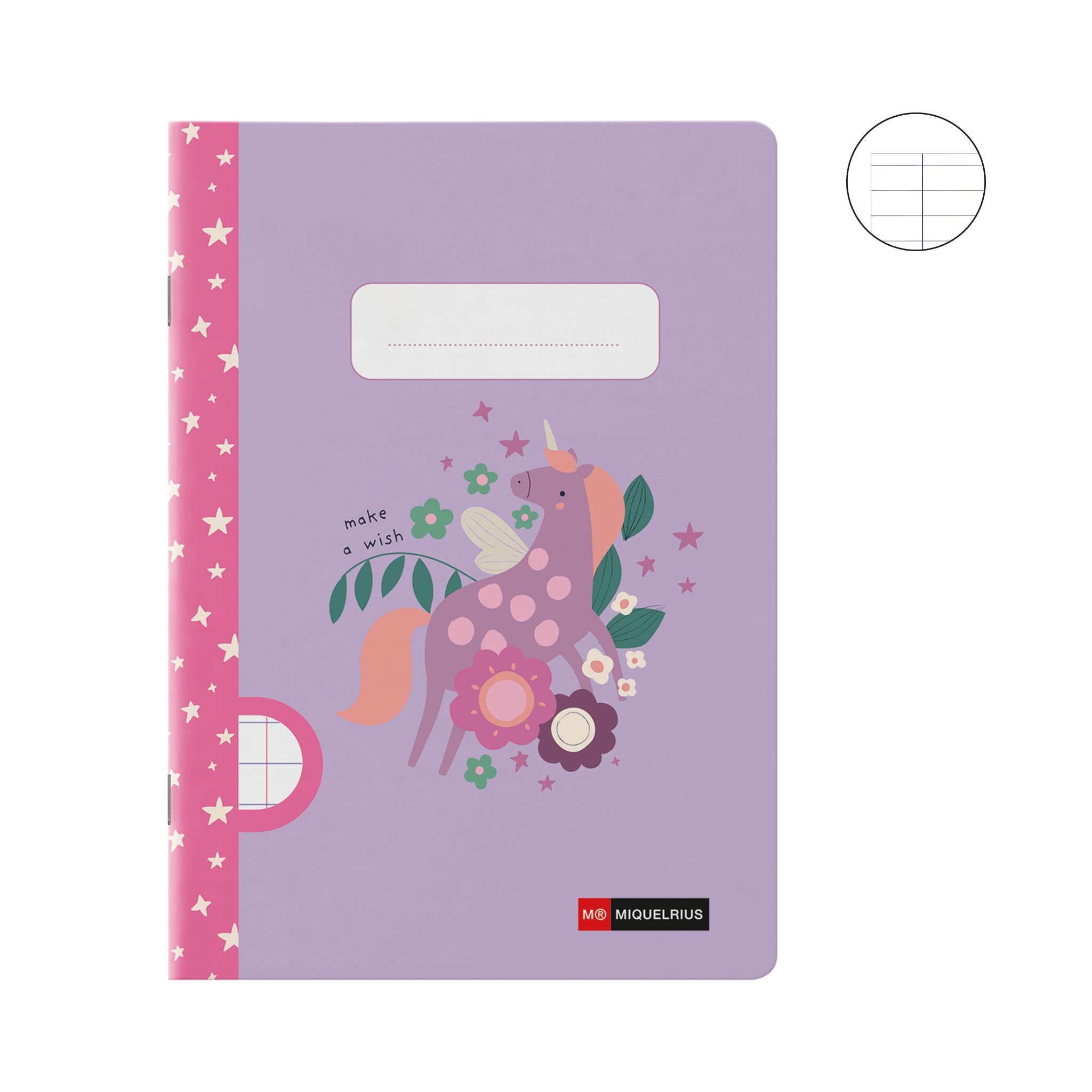 Miquelrius - Zszyty notatnik A5 w linie, 48 arkuszy papieru ekstra nieprzezroczystego, 70 g/m², zszywana okładka, laminowana okładka, okładka z nadrukiem, miejsce na nazwę, Wish