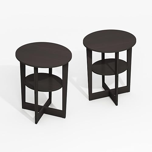 Miniatura 5 de Furinno Juego de 2 mesas auxiliares modernas, mesa auxiliar abierta de 2 niveles con mesa ovalada, mesita de noche, mesita de noche, fácil montaje,