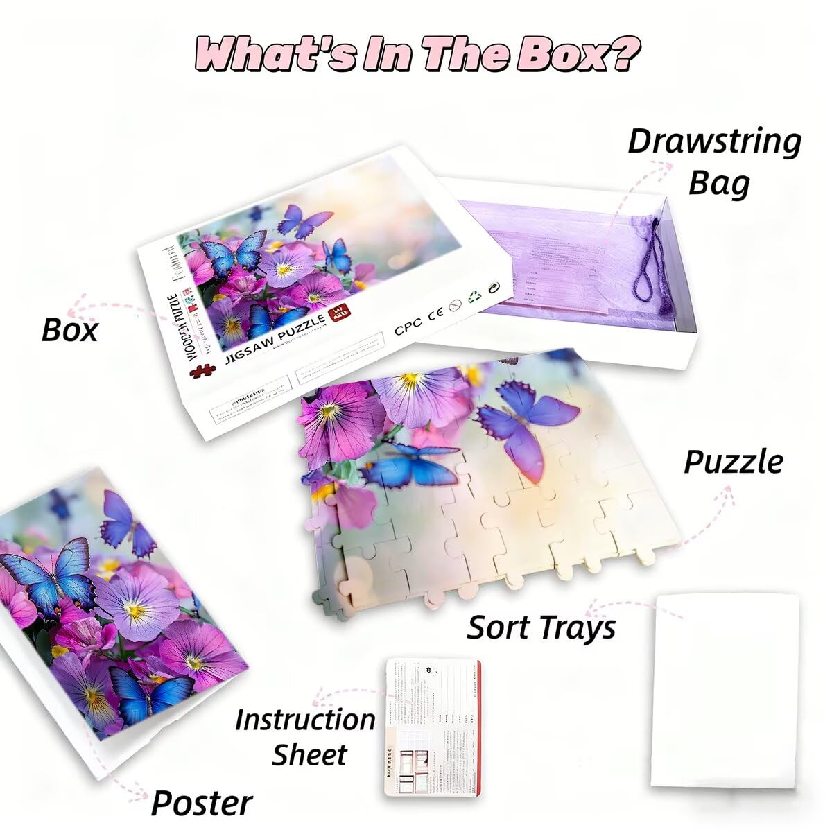 Puzzle dla dorosłych, 1000 puzzli motylkowych, 1000 sztuk, dla dorosłych, drewniane kwiaty, klasyczna, edukacyjna, wymagająca gra dla całej rodziny, dekompresja, prezenty dekoracyjne, 75 x 50 cm, I-23