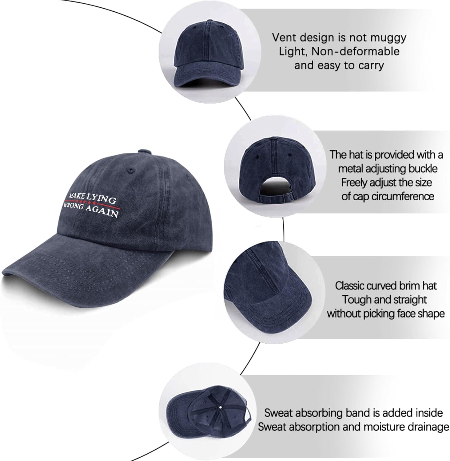 Make Lying Wrong Again Hat for Womens Baseball Caps Low Profile Washed Ball Cap Fitted Navy Blue - Image 6