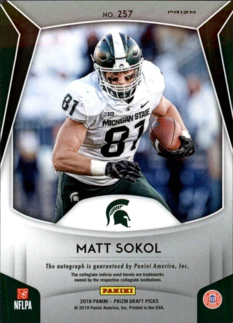 2019 Prizm Draft Picks Football Silver Prizm Autograph #257 Matt Sokol Michigan State Spartans RC Rookie Auto Panini NFL Collegiate Card