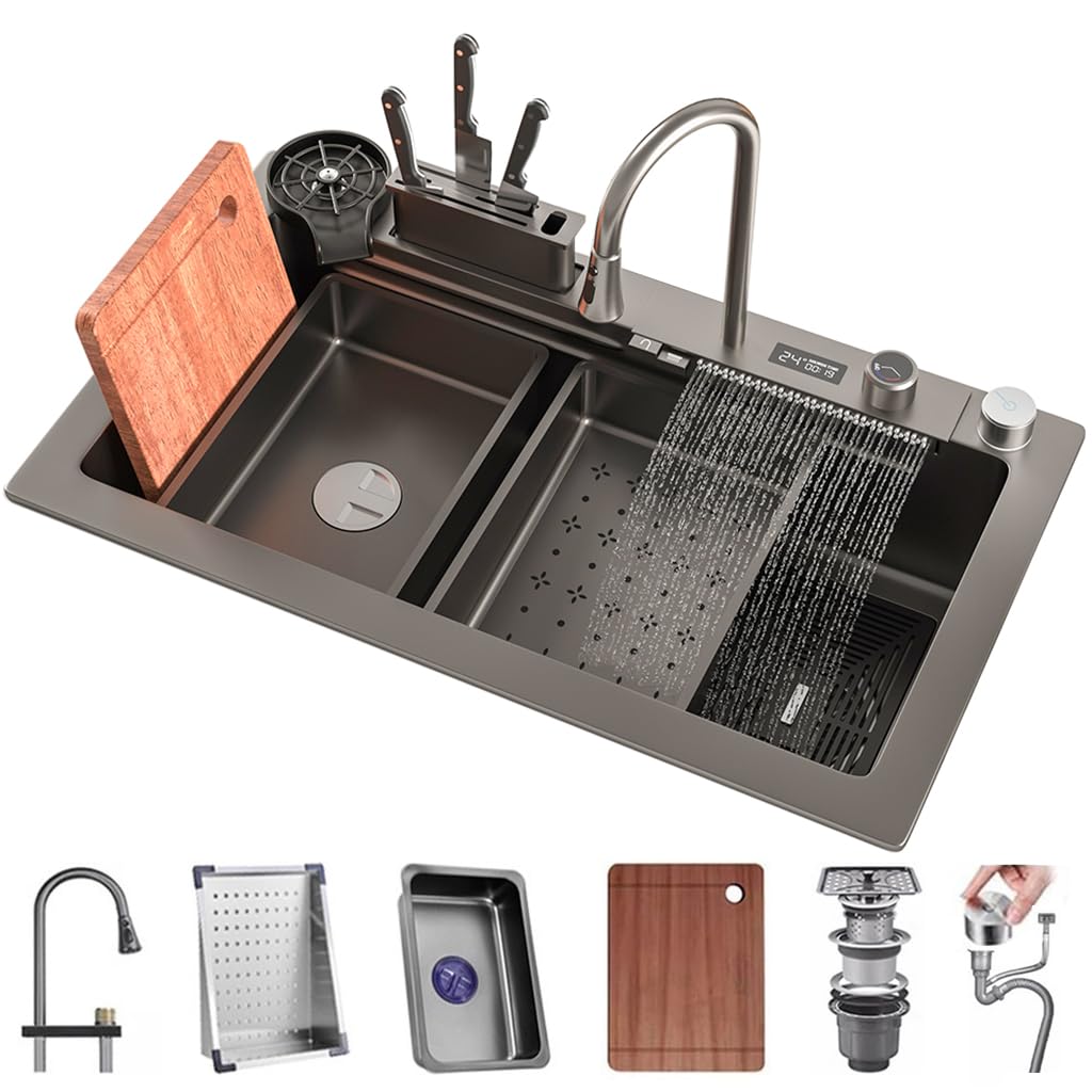 WIQUYBML Stainless Steel Kitchen Sink With Waterfall Single Bowl and Digital Display Tap - Multifunctional Bar Drainage Basket, Basin, Component, 75X45CM