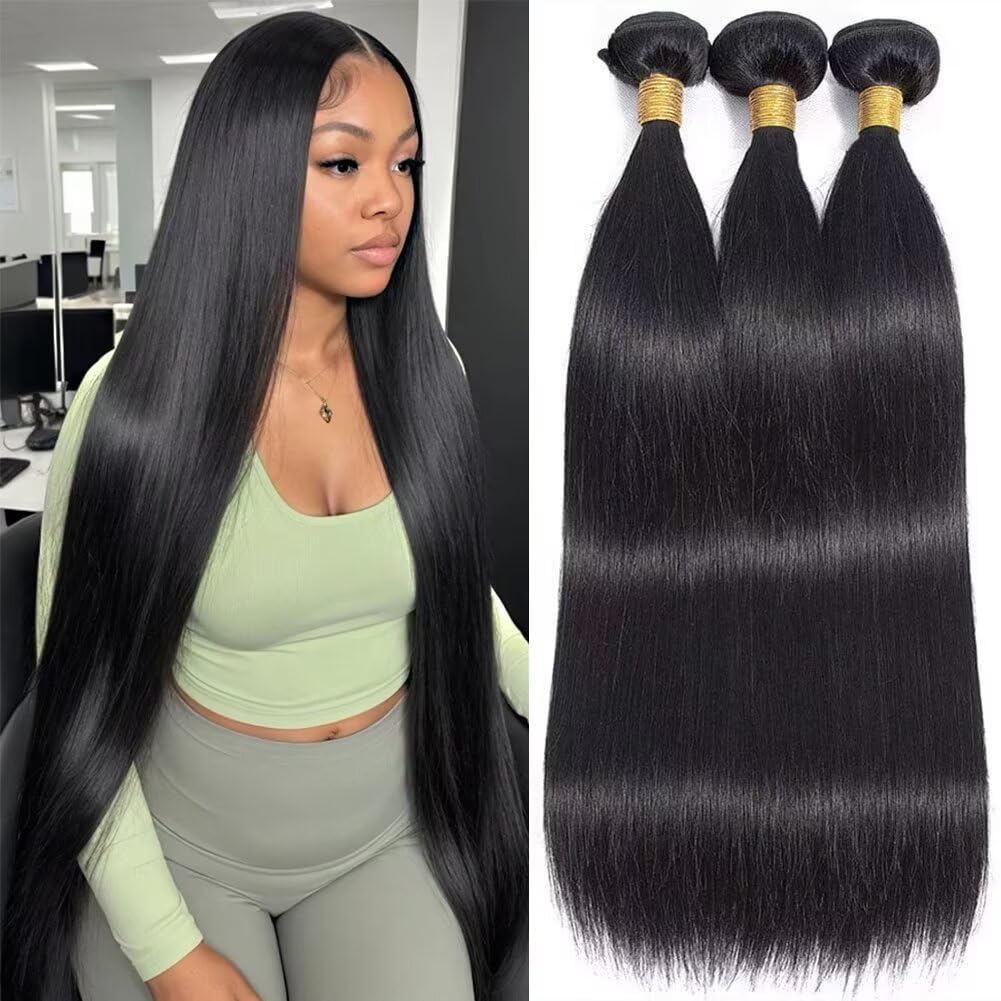 MSGEM Straight Human Hair Bundles 12A Brazilian Straight 100% Unprocessed Virgin Weave Double Weft Hair 3 Bundles 20 22 24 Inch Natural Color