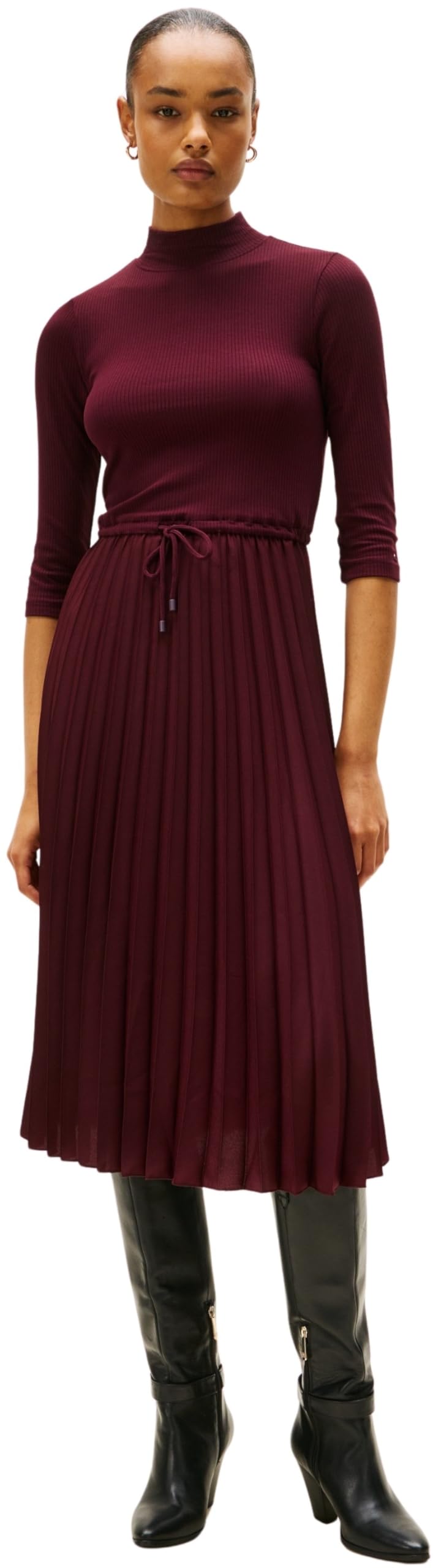 Tommy Hilfiger Women’s Slim Rib Mix Midi Dress, Red (Deep Burgundy), L