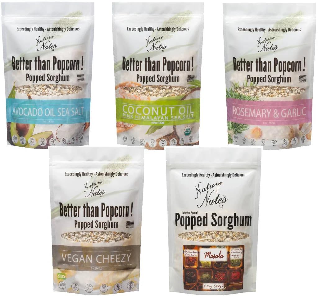 Vegan Variety 5 Pack, Popped Sorghum, Corn Free, Gluten Free, Celiac-Friendly, Dairy Free, Healthy Snacks, Lower Glycemic Index, 4.3-5 oz bags, Avocado Oil & Sea Salt, Coconut Oil & Pink Himalayan Sea Salt, Vegan Cheezy, Rosemary & Garlic, Masala 4.3