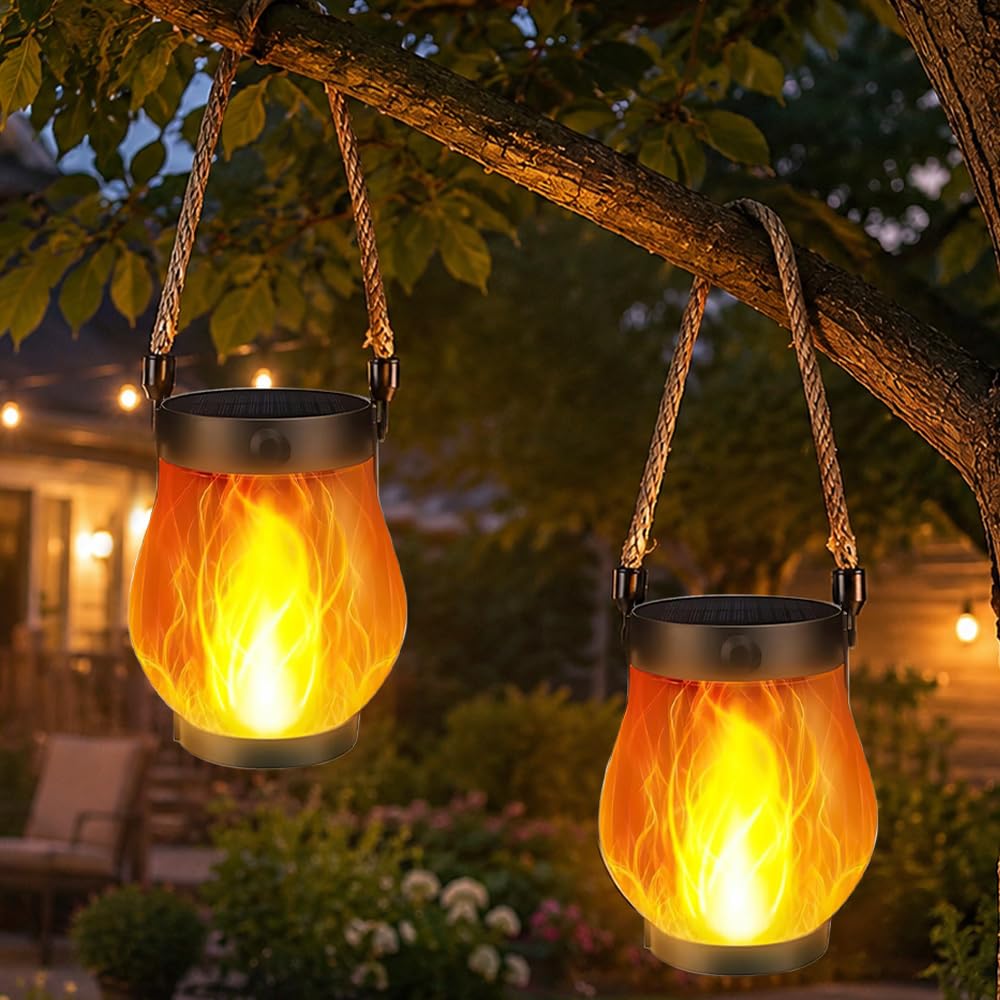 2 Pezzi Lanterna Solare a Fiamma, Lanterne Solari da Esterno Fiamma, Ricarica Solare 2 in 1 e USB Ricaricabile, 1500 mAh, IP65, Lanterne Solari Effetto Fiamma per Giardino, Cortile e Campeggio