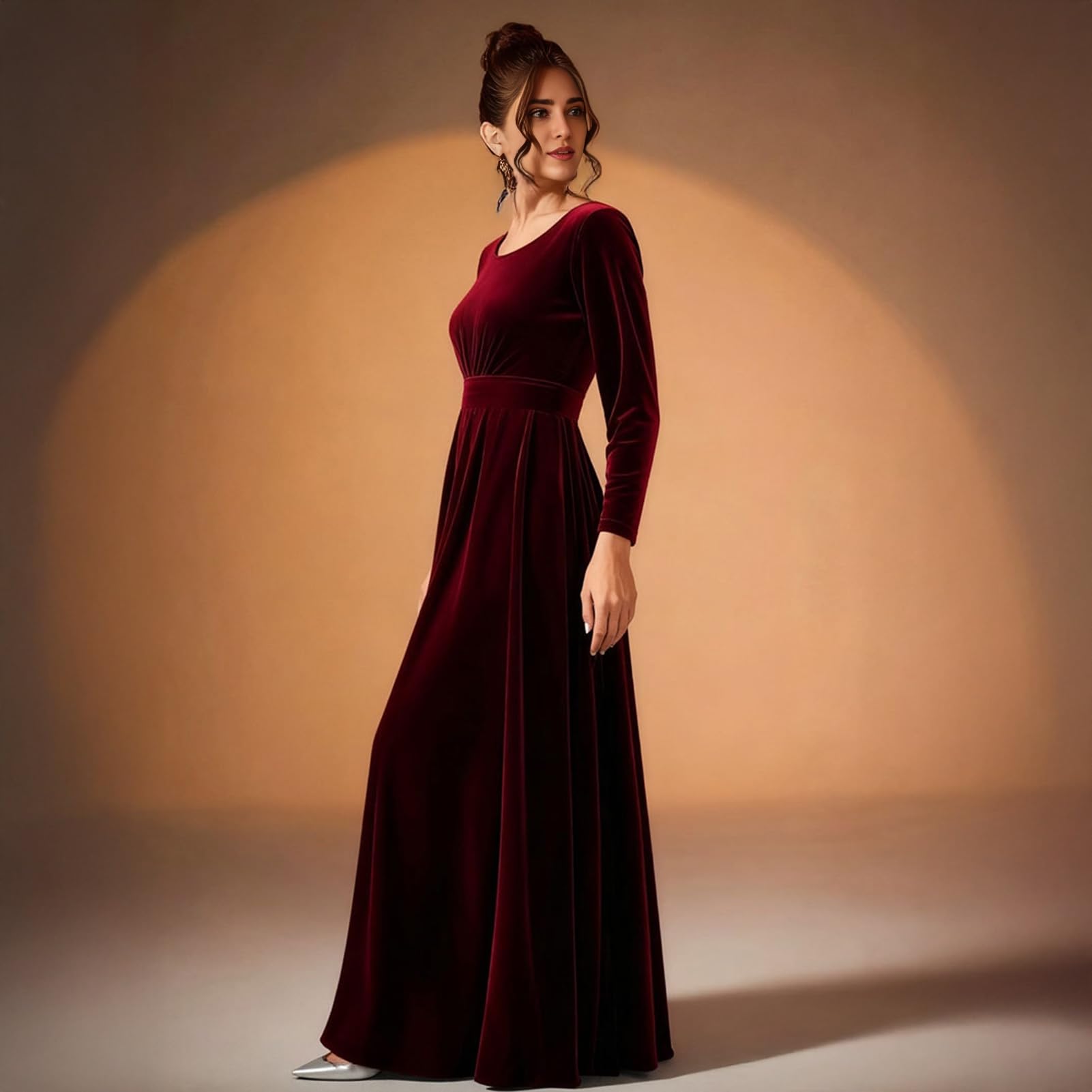 Damen Samt Maxikleid Casual Rundhals Langarm A-Linie Swing Kleid Elegant Herbst Formale Kleidung Groß für Cocktail Party Formelle Veranstaltungen