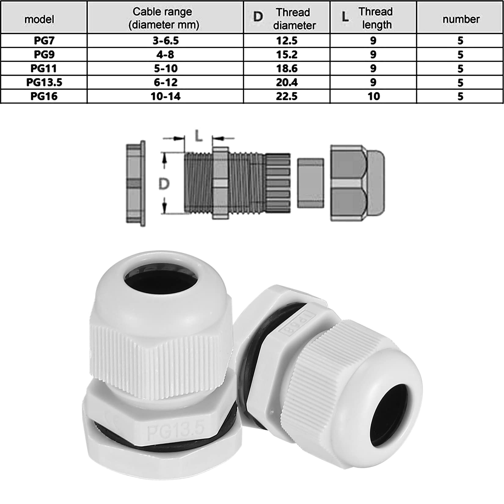 25 Pressacavi Elettrici Impermeabili - Nylon, Regolabili, Per Cavi PG7/PG9/PG11/PG13.5/PG16 - Foto 3