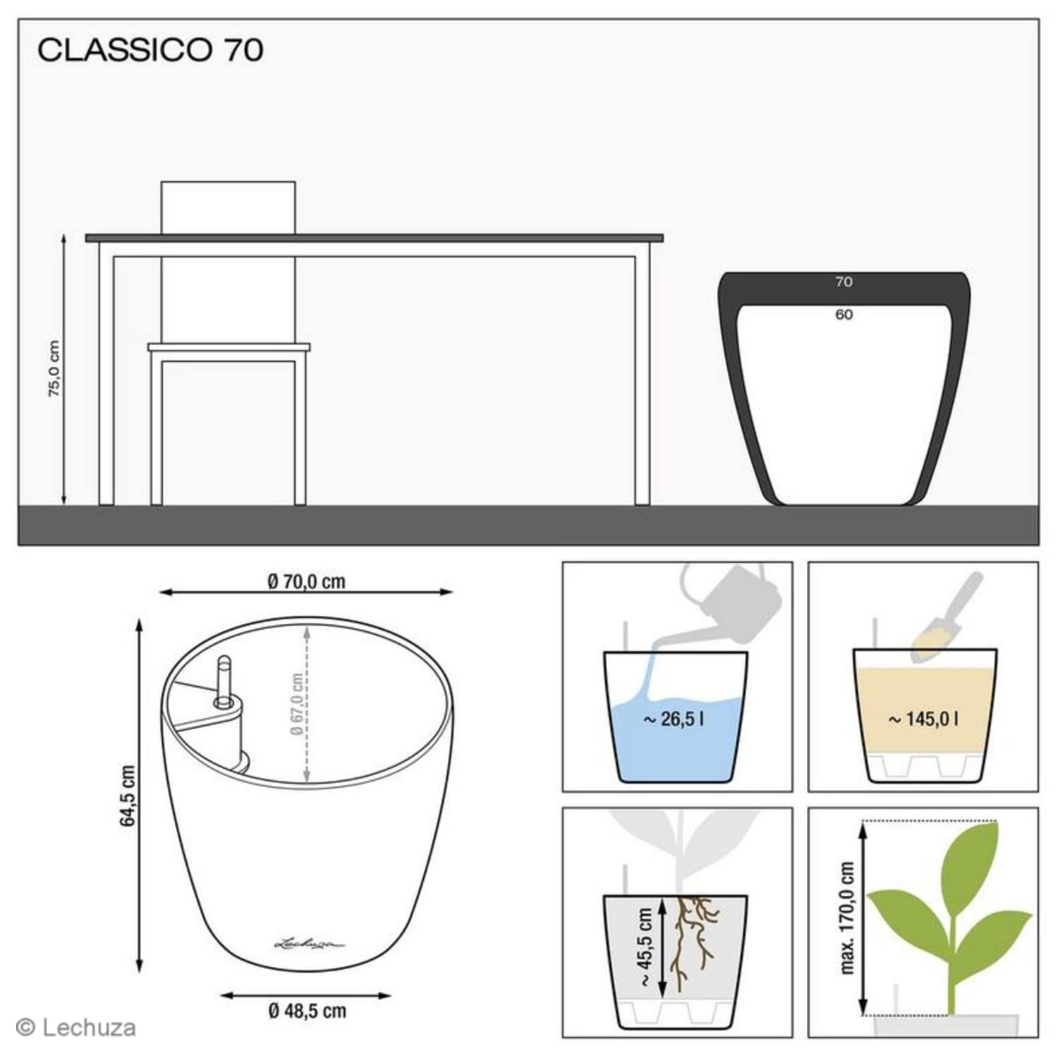 LECHUZA CLASSICO Premium 70 anthrazit metallic 14663