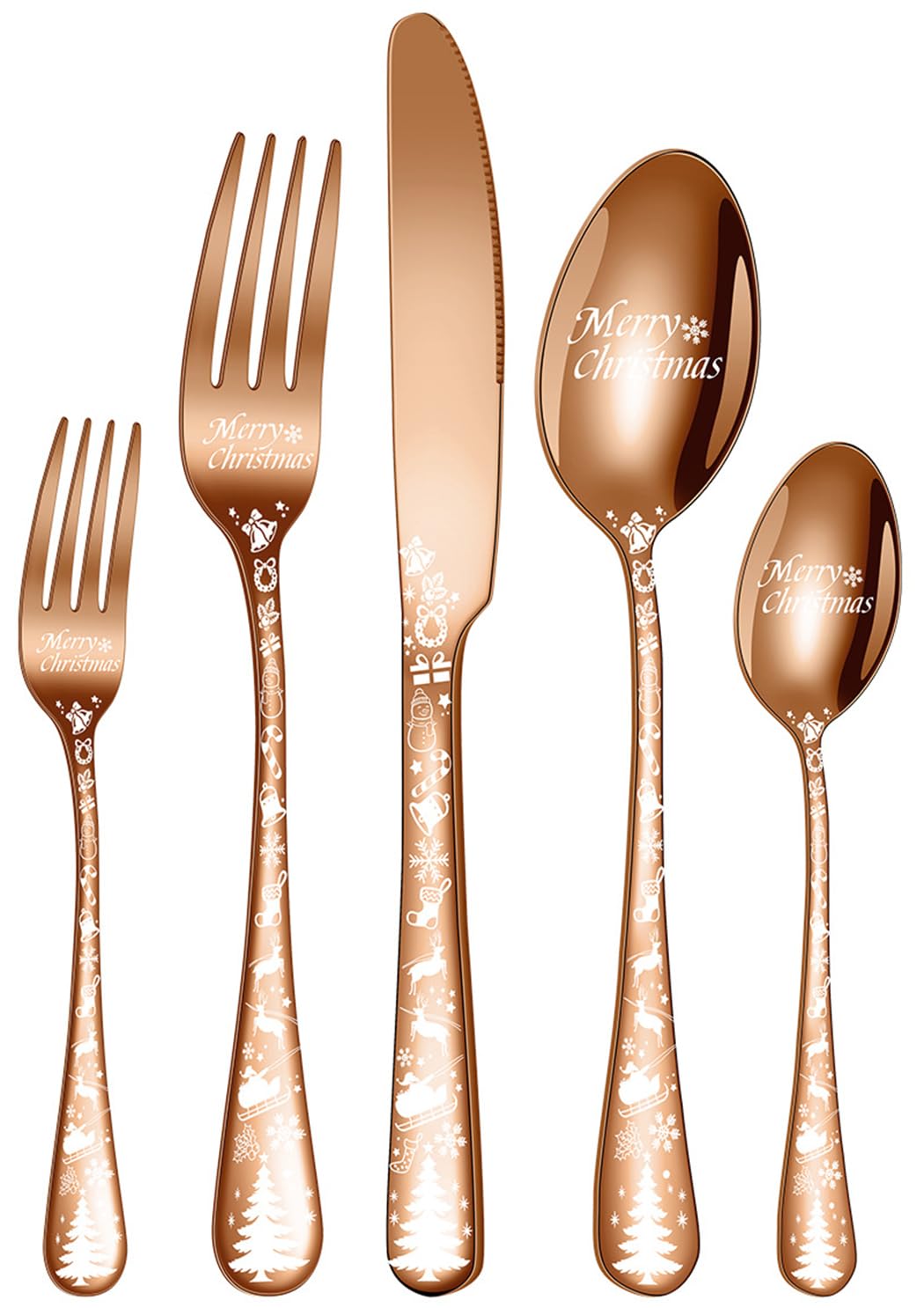 XIAOYU 5PCS Stainless Steel Flatware Set with Unique Christmas Tree Pattern Handles, Knife Fork Spoon Set for Christmas, Halloween, Easter