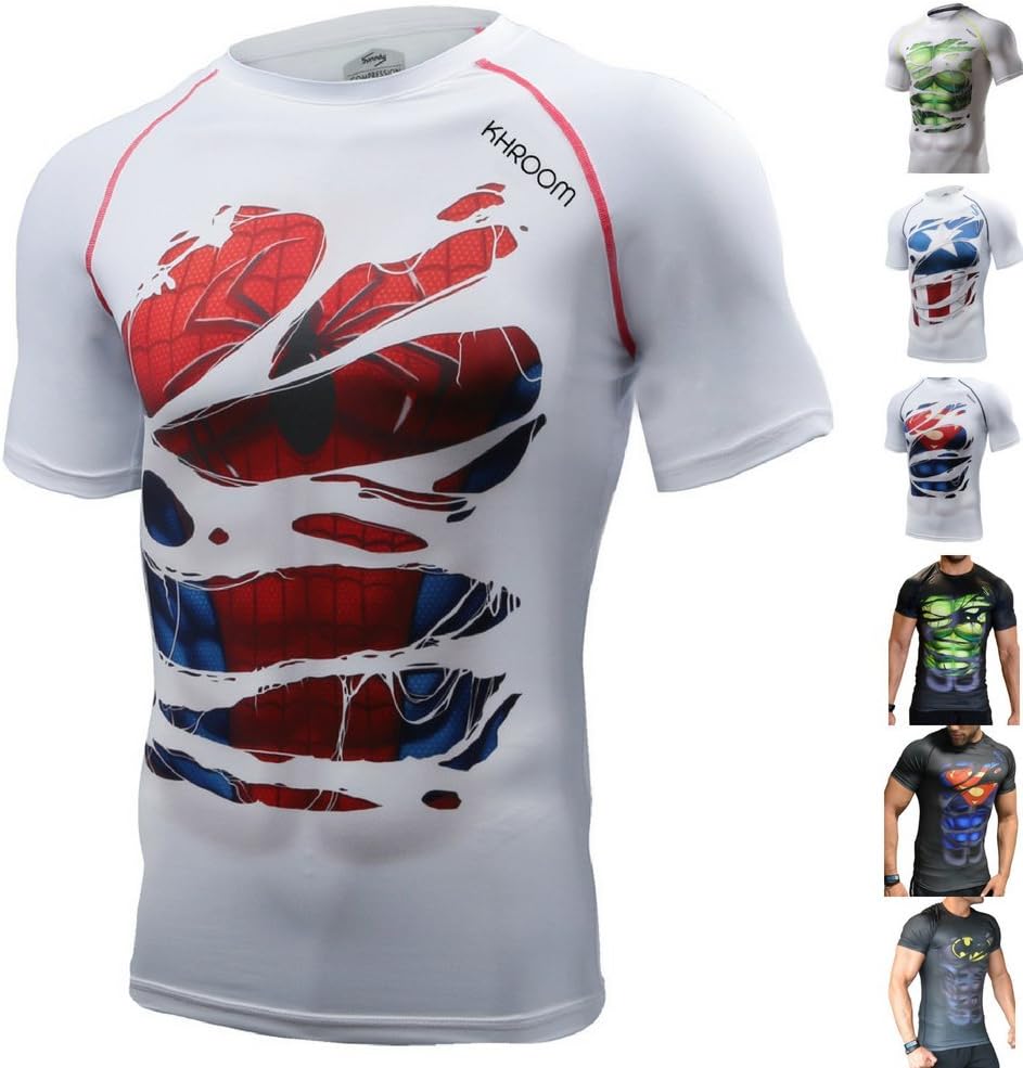 Khroom Men's Function Shirt | Perfect for fitness & gym - compression shirt in stylish hero design (Spiderman white, L)