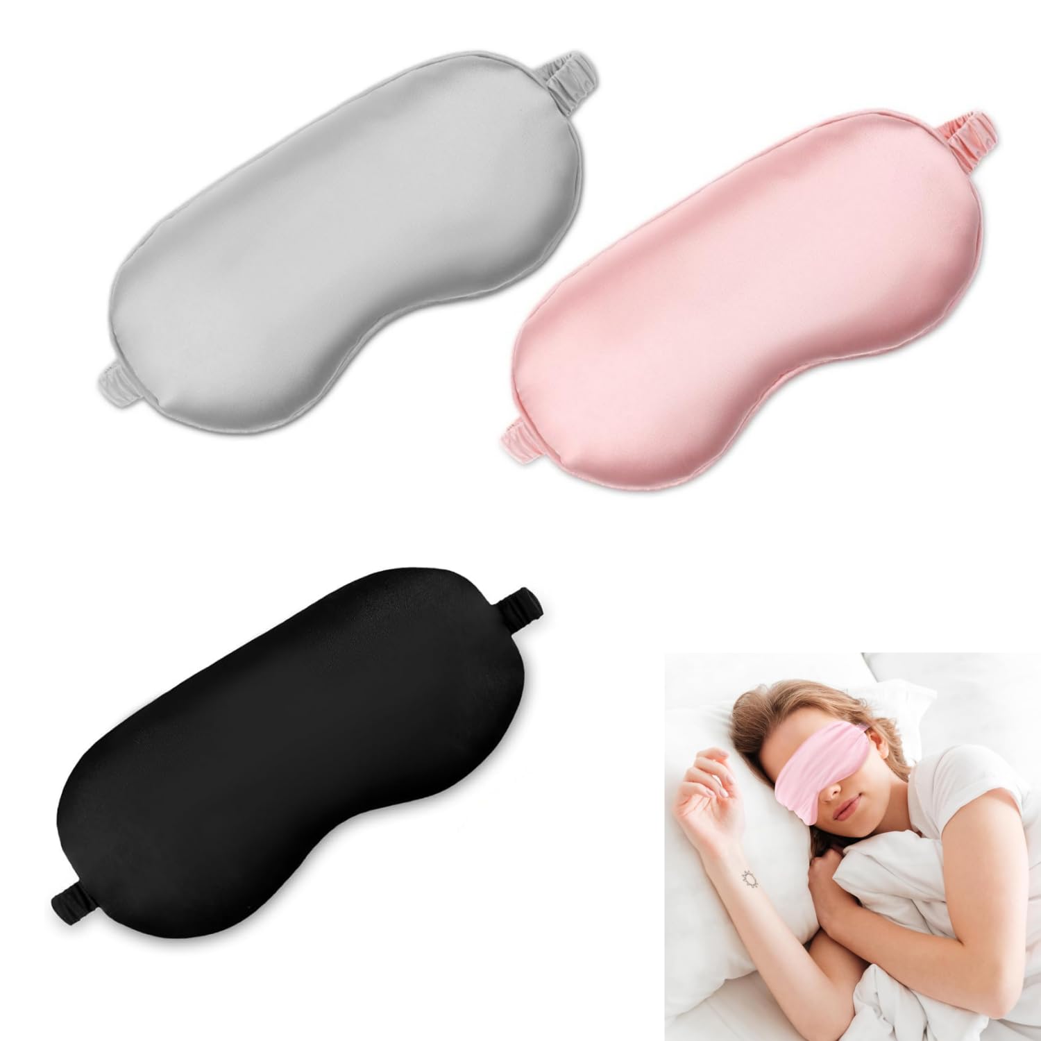 Alfven Schlafmaske,3 Stück Schlafmaske aus Seide Hautfreundlich Schlafbrille Lichtblockierende Schlafbrille mit Verstellbarem Band für Druckentlastung und tiefen Schlaf (Schwarz, Rosa, Grau)