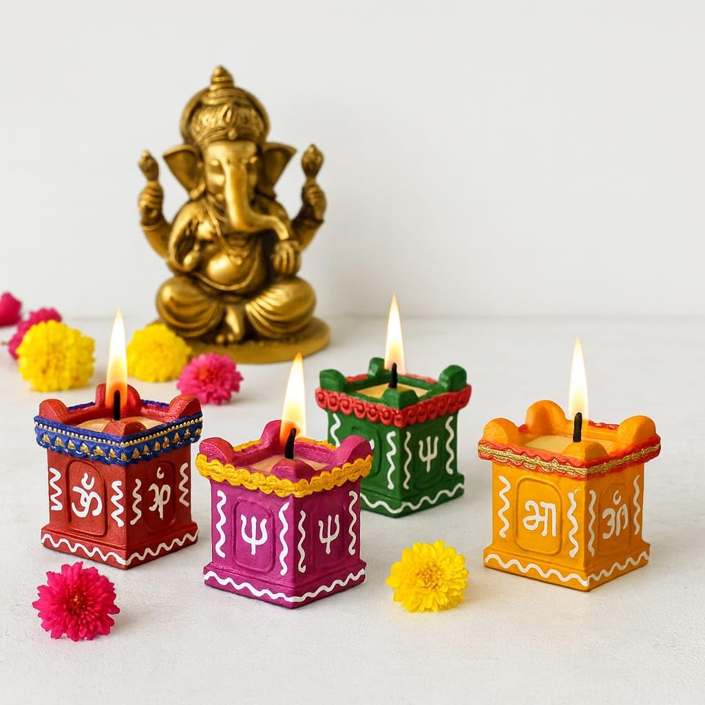 BB BACKBENCHERS Decorative Diwali Tea Light Candle Holders, Handcrafted Tulsi Diya Set of 4, Multicolour-picture-33