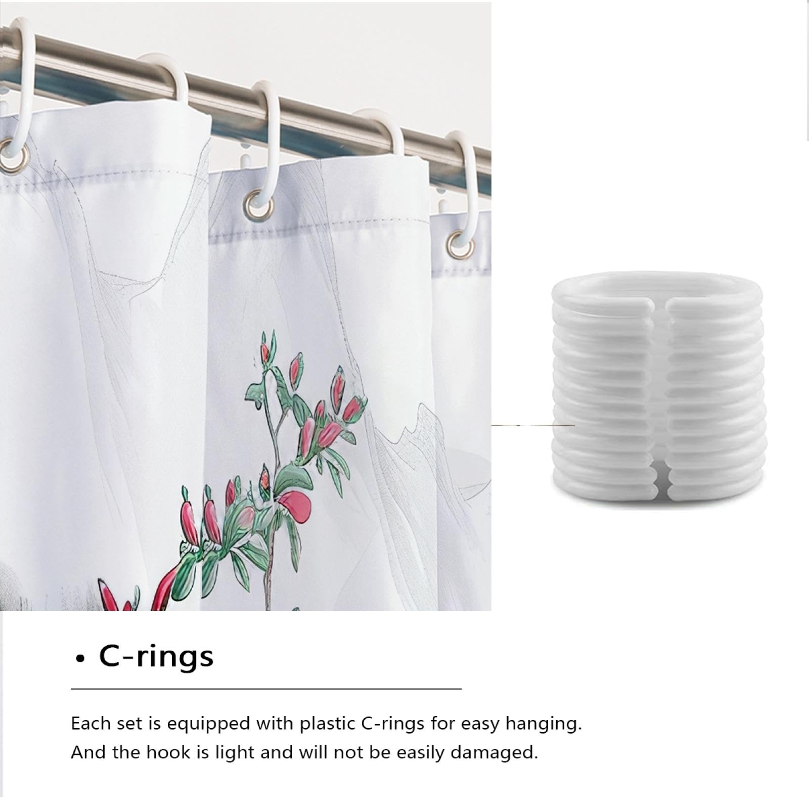 Chinesischer Frühlingsblüten-Duschvorhang Luxus-Badezimmer-Upgrade Maschinenwaschbare Papageien Drucken Weißer Duschvorhang-Liner mit Haken 180x180