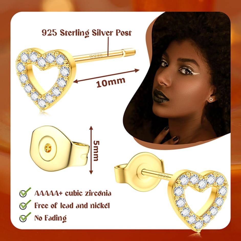 SAILIMUE Hypoallergenic Sterling Silver Stud Earrings for Women Men Brilliant Heart Knot Round Cubic Zirconia Earring Studs for Sensitive Ears Gold Silver Tone - Image 2