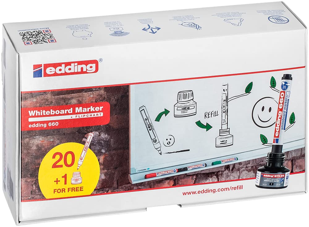 edding Markery do tablic suchościeralnych 660 – okrągła końcówka, szerokość linii 1,5 – 3 mm, czarny – 1 opakowanie uzupełniające gratis
