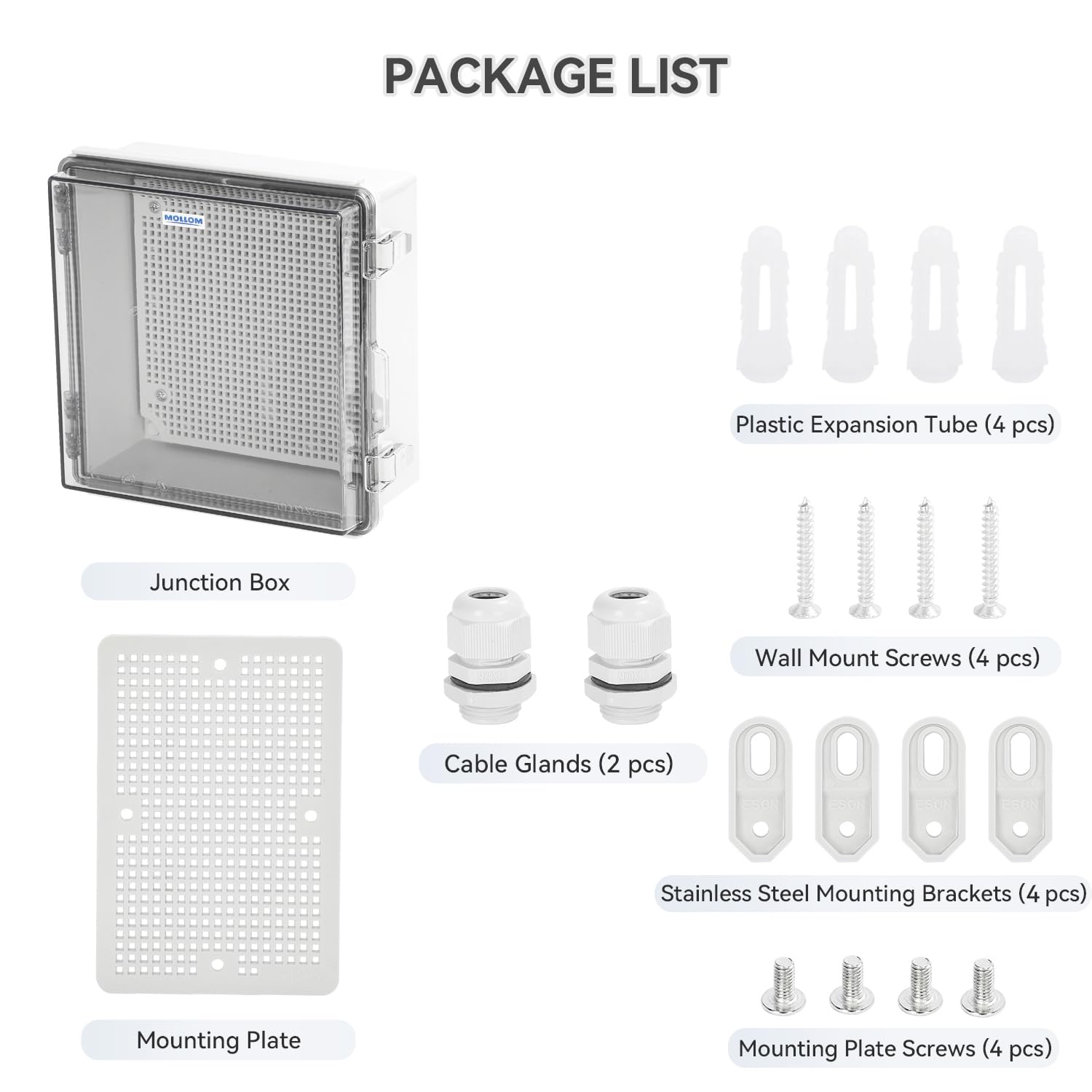 Mollom Outdoor Junction Box for Electrical Project Waterproof IP67 with Hinged Transparent Cover, Stainless Steel Latch, Mounting Plate, and Wall Brackets(210x210x100mm | 8.3x8.3x3.9In)