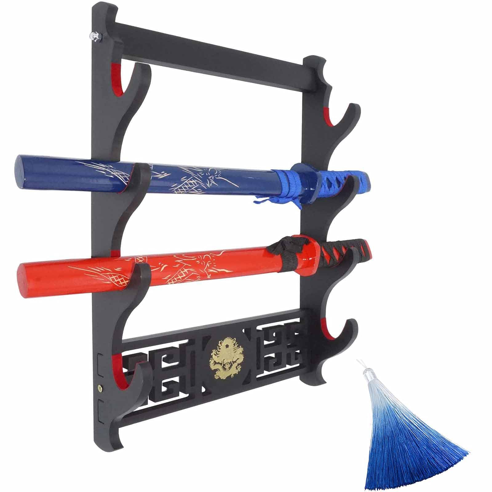 Goonsds Red Sword Holder Wall Mount Samurai Sword Rack For Katana And Wakizashi Display Stand With Dragon Logo,4 Tier
