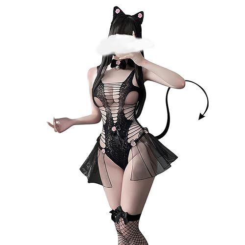 tuduoms Sexy Cat Cosplay Lingerie for Women Cute Anime Lingerie Dress Halloween Maid Cosplay Costumes Gothic Lingerie Set - One Size - A04_black