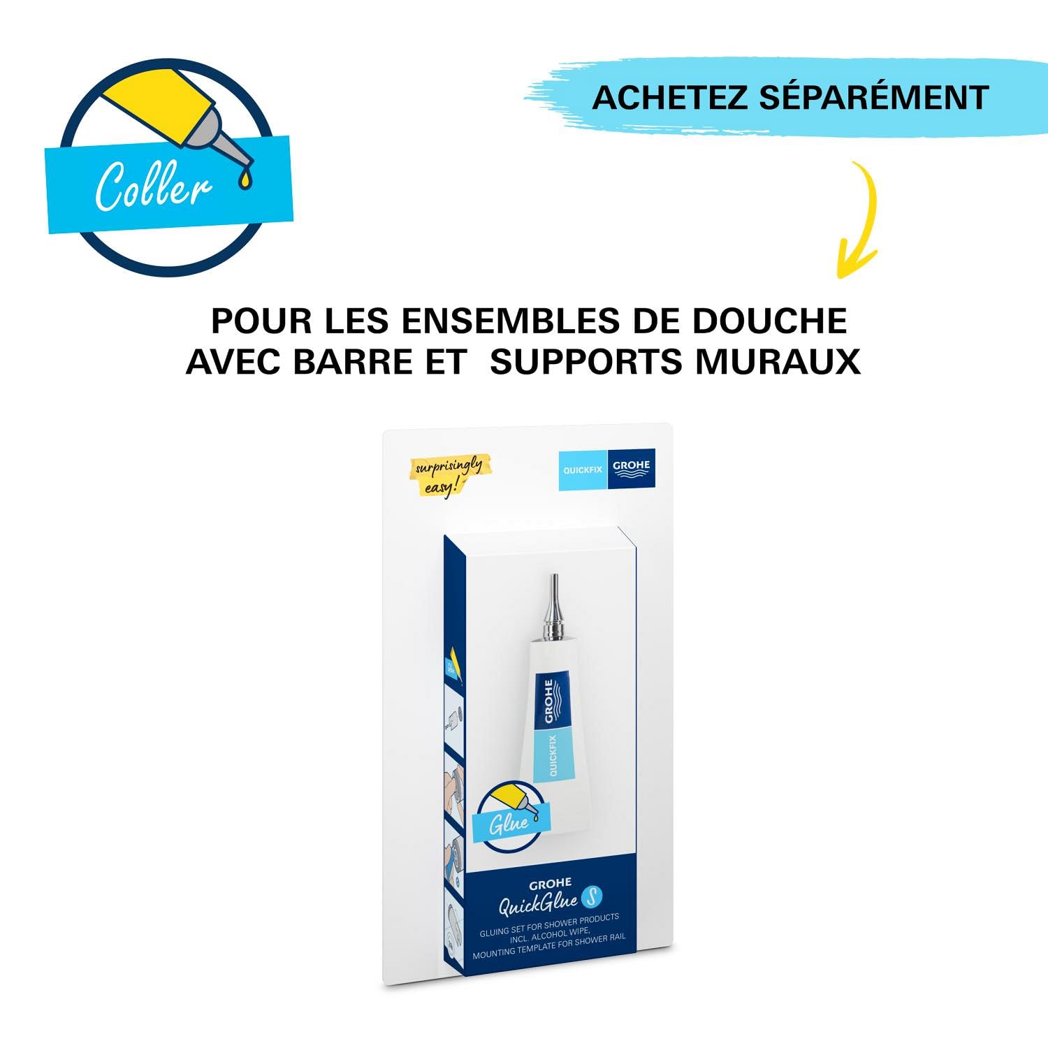 GROHE Start Mitigeur Monocommande Bain/Douche, Douchette 1 jet, Support de Douche Mural Universel, Flexible 1,5m, Economie d'Eau, A coller avec GROHE QuickGlue ou à visser, Chromé, 25283002