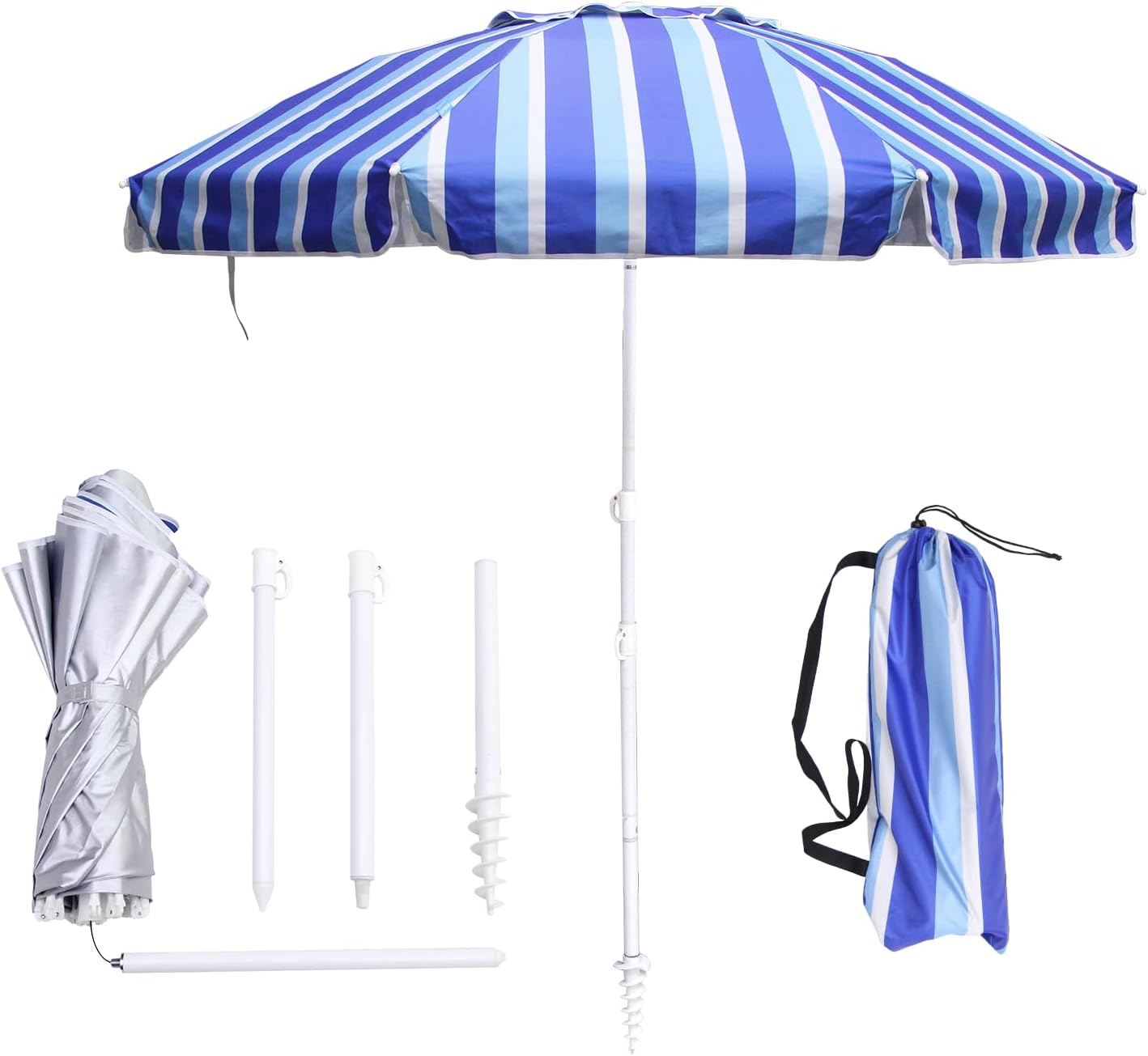 6.5ft Beach Umbrella - Heavy Duty Wind Resistant UV 50+ Portable Sun Shade with Sand Anchor