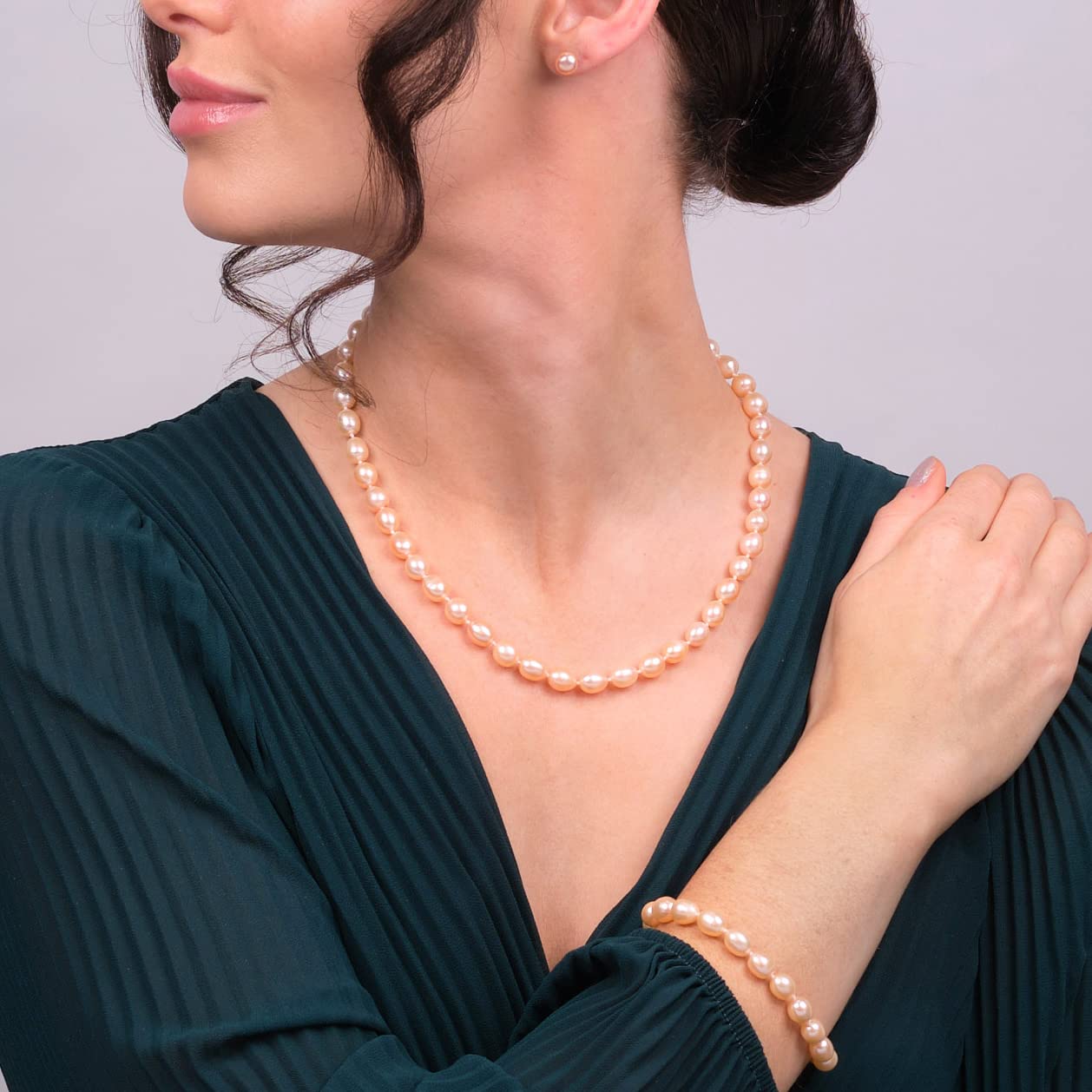 Treasure Bay FAB - Elegante set di gioielli per donne e ragazze con collana, bracciale e orecchini con perle d'acqua dolce a forma di riso da 7-8 mm, 16,5 centimeters, Argento, Perla
