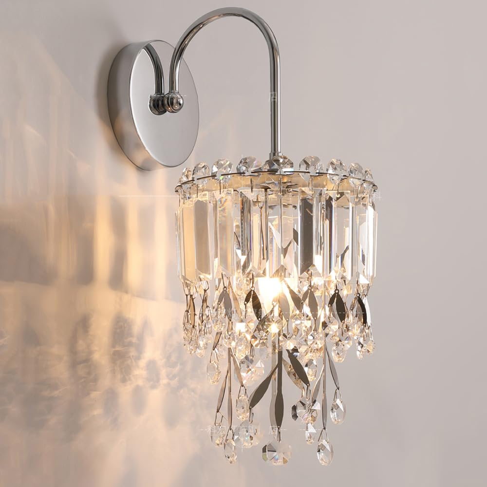ITOSUI Mid Century Crystal Wall Light Sconce - Chrome Finish Gooseneck Fixture for Bedroom, Bathroom, Hallway, and Kitchen