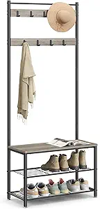 VASAGLE Coat Rack, Hall Tree with Shoe Storage Bench, 3-in-1 Entryway Organizer, Steel Frame, Greige and Black, 12.6 x 27.6 x 68.9 Inches