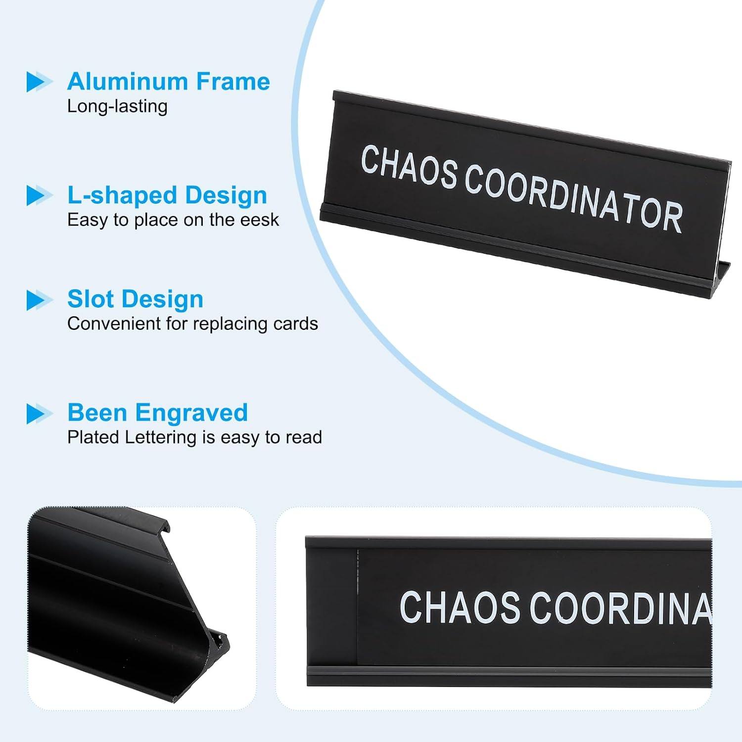 PATIKIL Funny Nameplate, 7"x2" Novelty Desk Sign Plaque Aluminum Desk Name Plate with Base for Office, Black White (Chaos Coordinator) - Image 3
