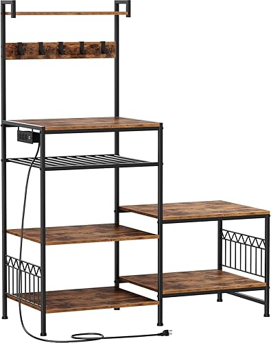 Miniatura 7 de Portin Soporte para mini nevera y cafetera de microondas, gran capacidad de almacenamiento, con toma de corriente y ganchos en S, estante para