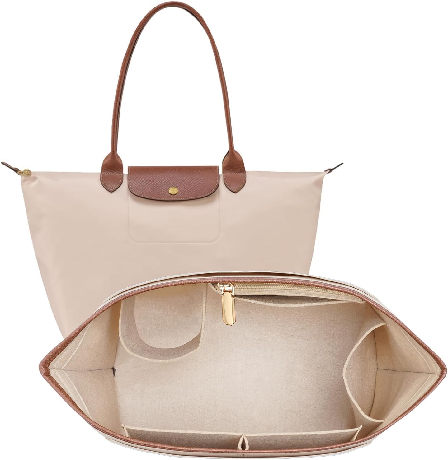 フェルトパースオーガナイザーインサート LongchampLe Pliage Sバッグ用ハンドバッグ レザーエッジ ロンシャンオーガナイザー カップホルダートート付き 整理(ベージュ、Sサイズ)