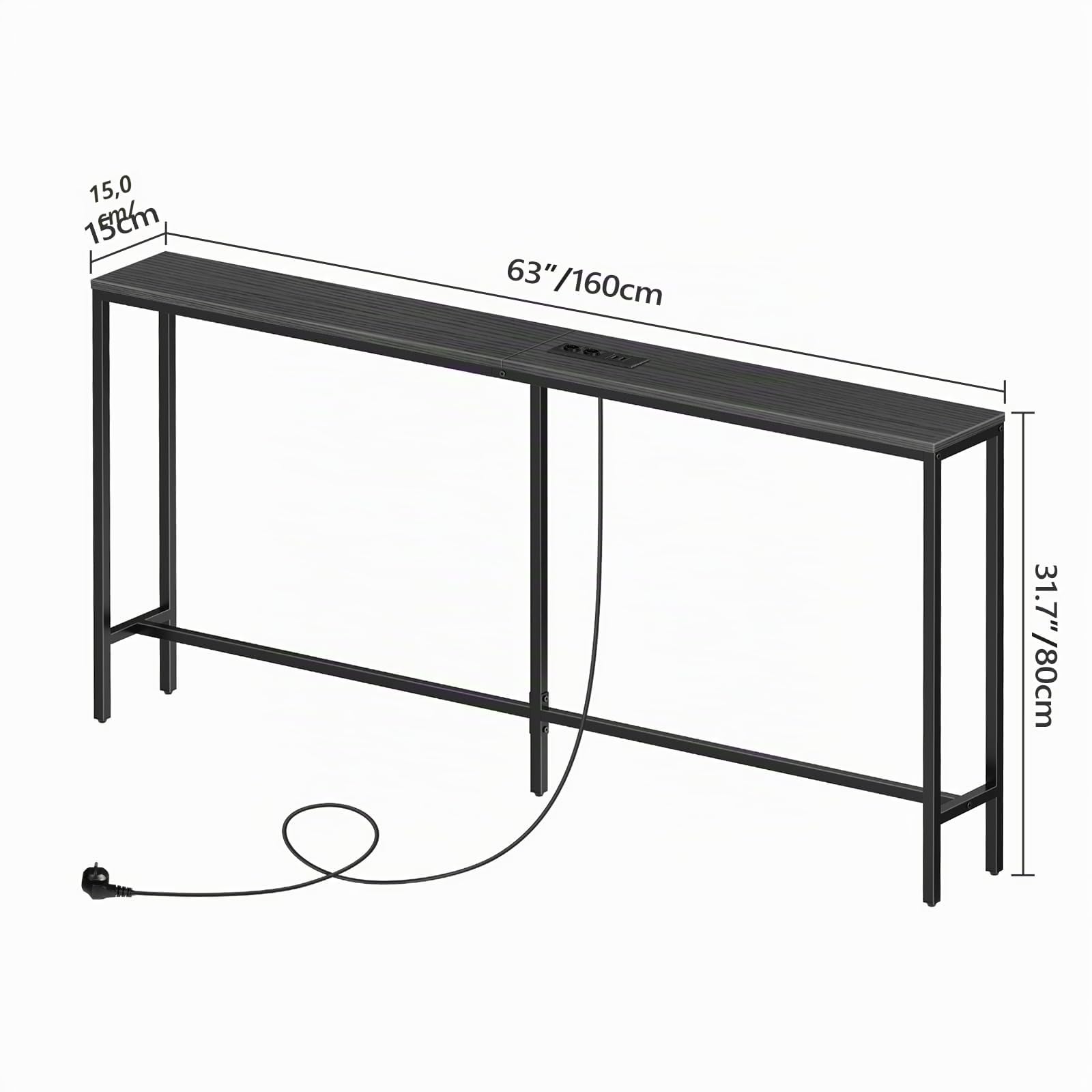 MAHANCRIS Mesa Consola Delgada con Estación de Carga, Mesa Auxiliar de 160 cm, Mesa de Pasillo Detrás de Dofá, Mesa Expositora para Sofá, Pasillo, Sala de Estar, Negro ACTBK165UE01