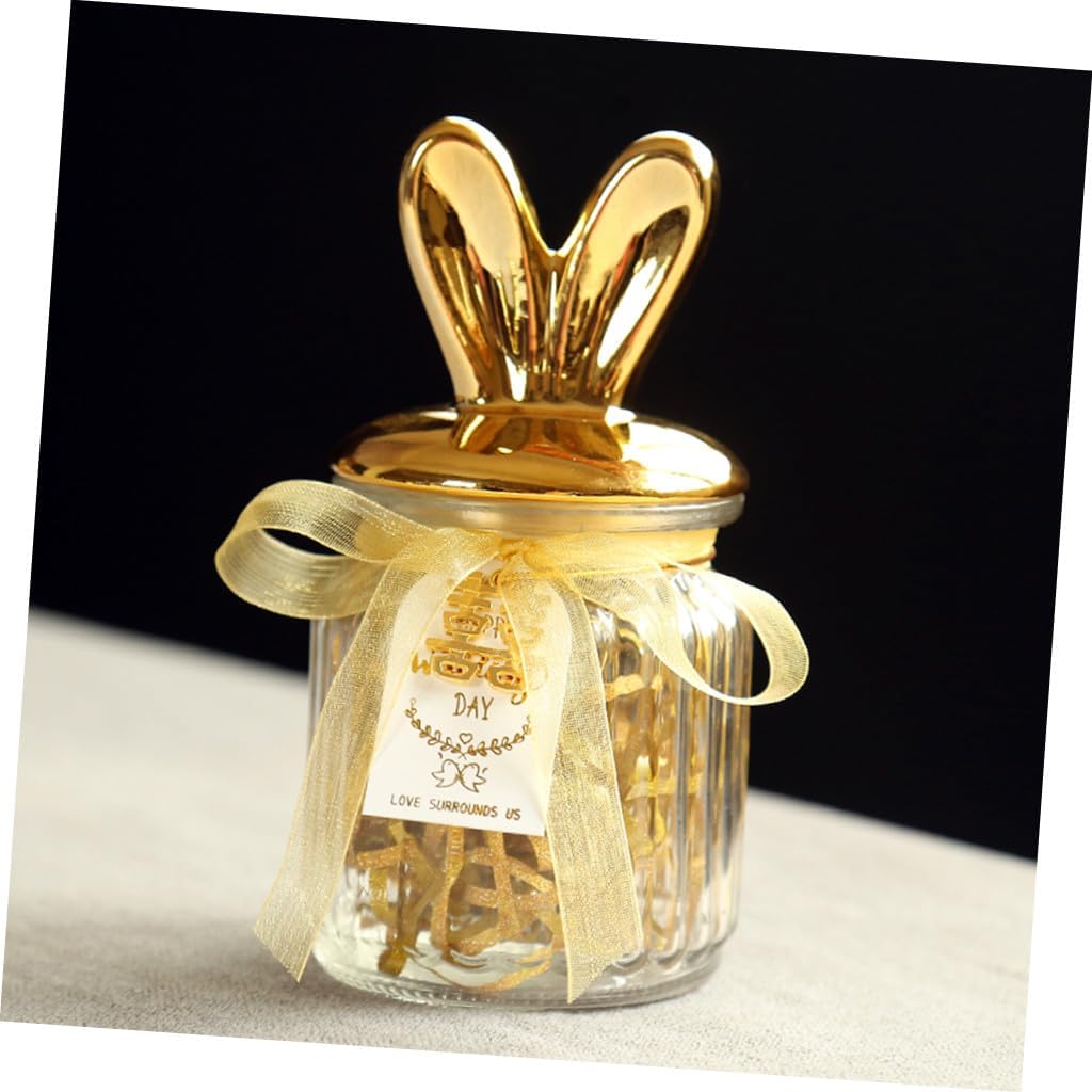 Glass Overgild Sealed Candy Jar with Ceramic Bunny Lid, Gold Trim Storage Bottle for Wedding and Party Favor Display