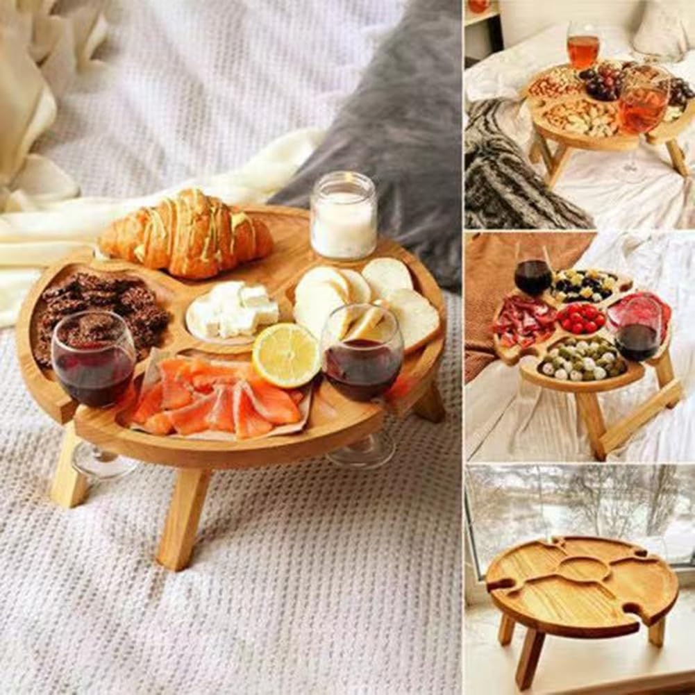 Table de pique-nique pliante portable en bois avec support pour verre à vin – Table de salle à manger en plein air idéale avec support pour verres à vin et compartiment pour une installation et un