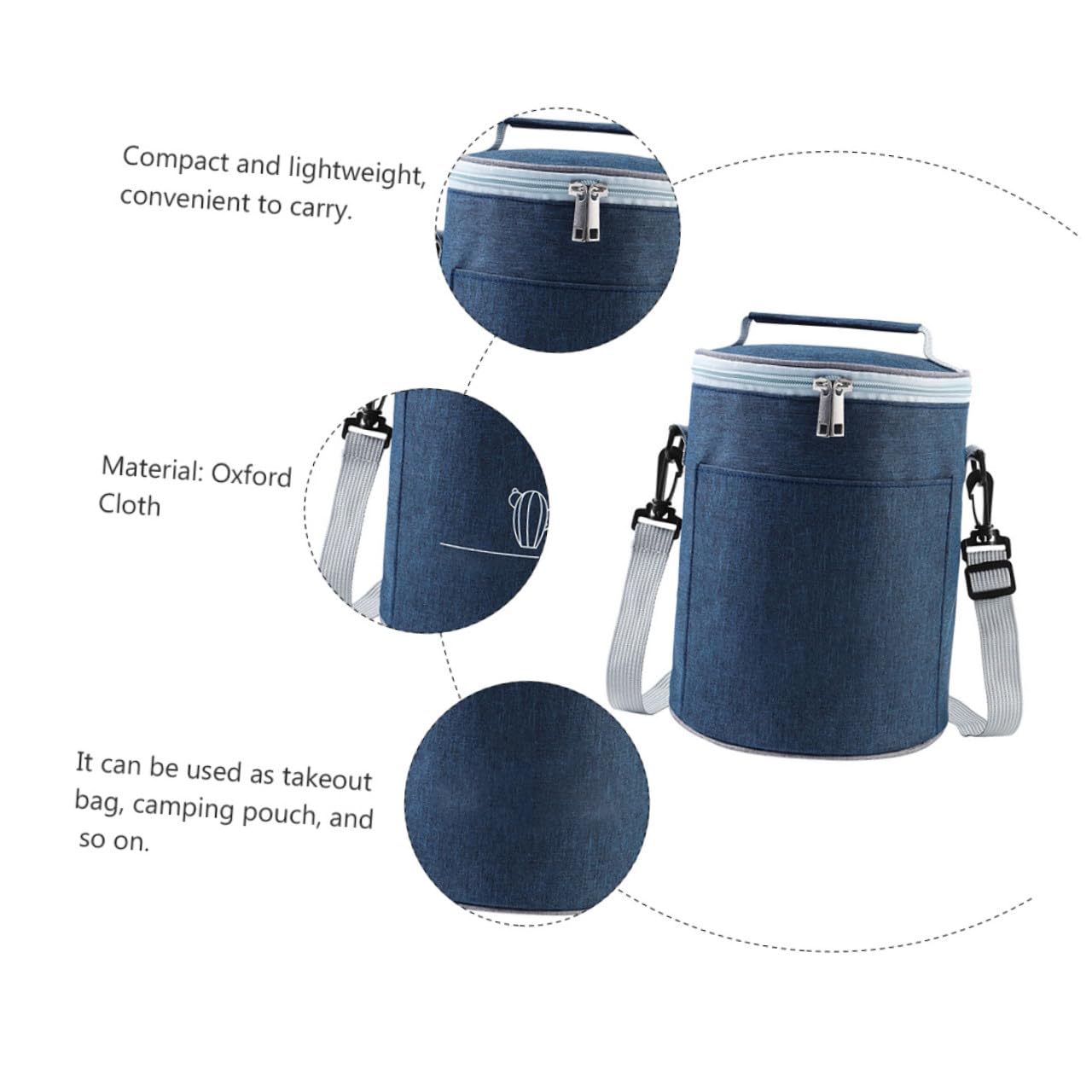 Lunchtasche Rund mit Thermofunktion, Tragbar, Oxford Gewebe, Marineblau
