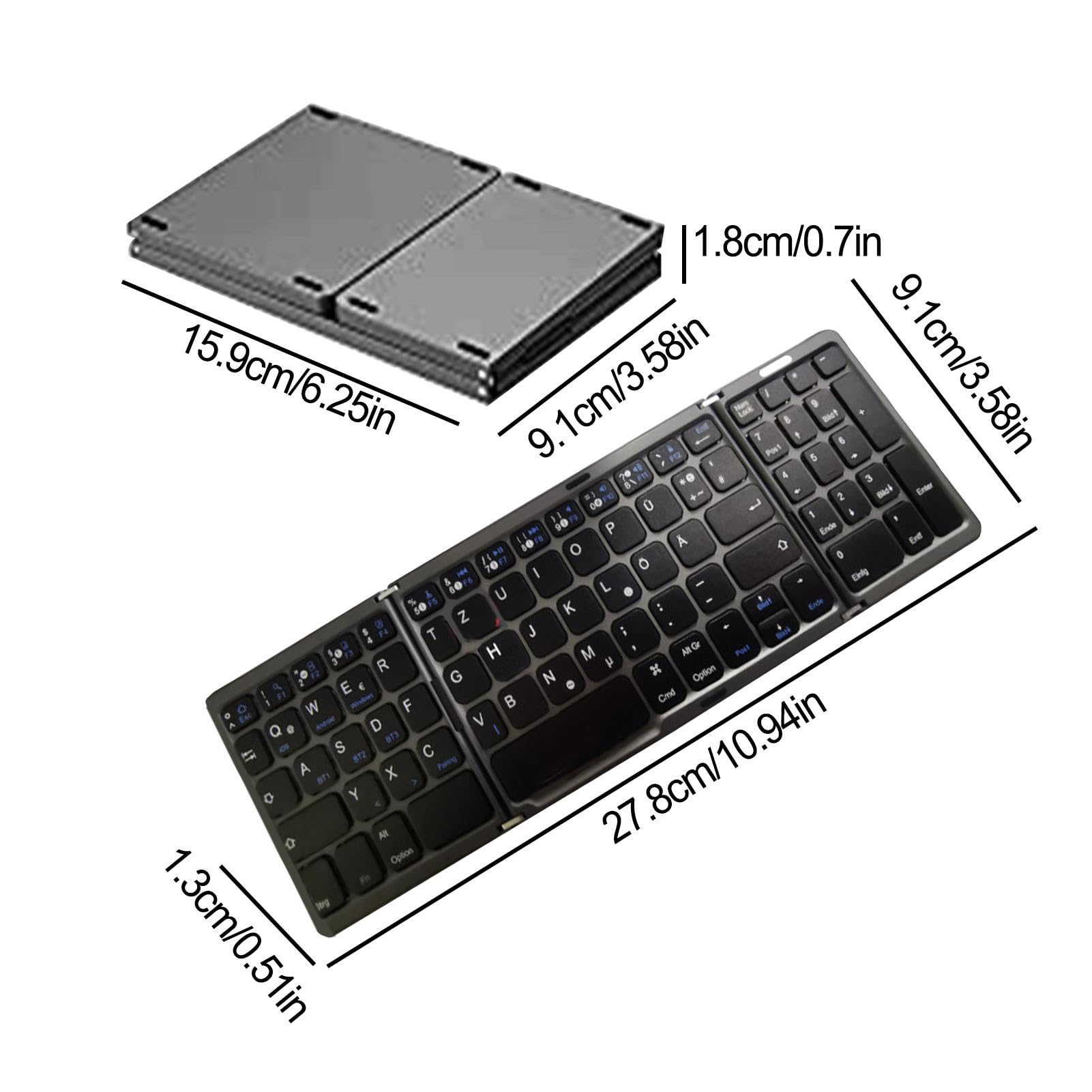 Tastiera wireless Tri-Fold, tastiera pieghevole - Tastiera portatile | wireless Tri-folding | Tastiera wireless multisistema e multilingue per laptop e smartphone